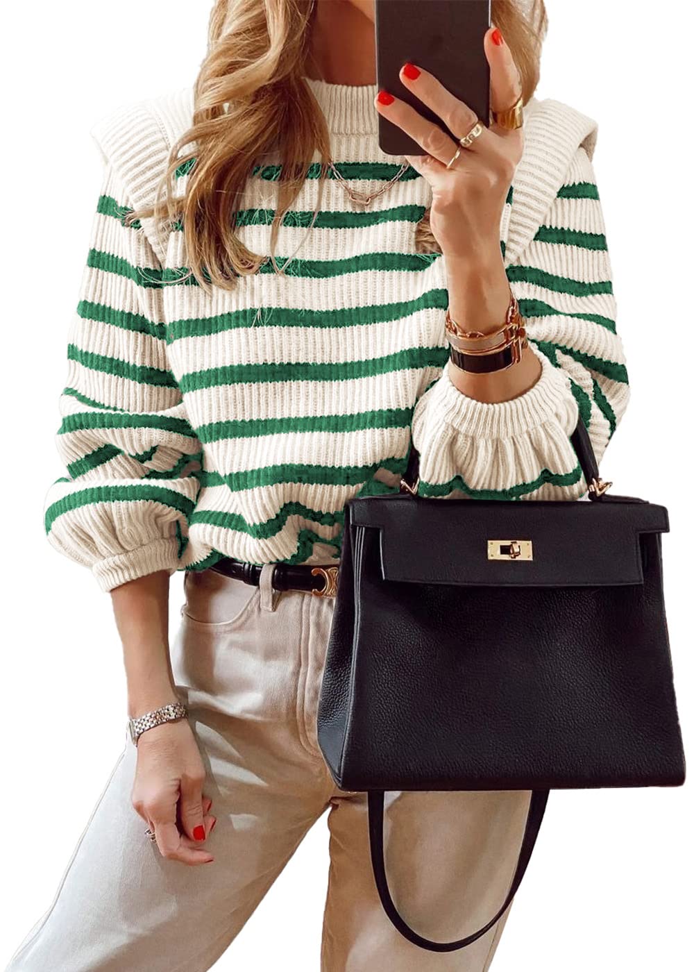 PRETTYGARDENWomen's Sweaters Casual Long Lantern Sleeve Crewneck Ribbed Knit Pullover Striped Jumper Tops Blouse