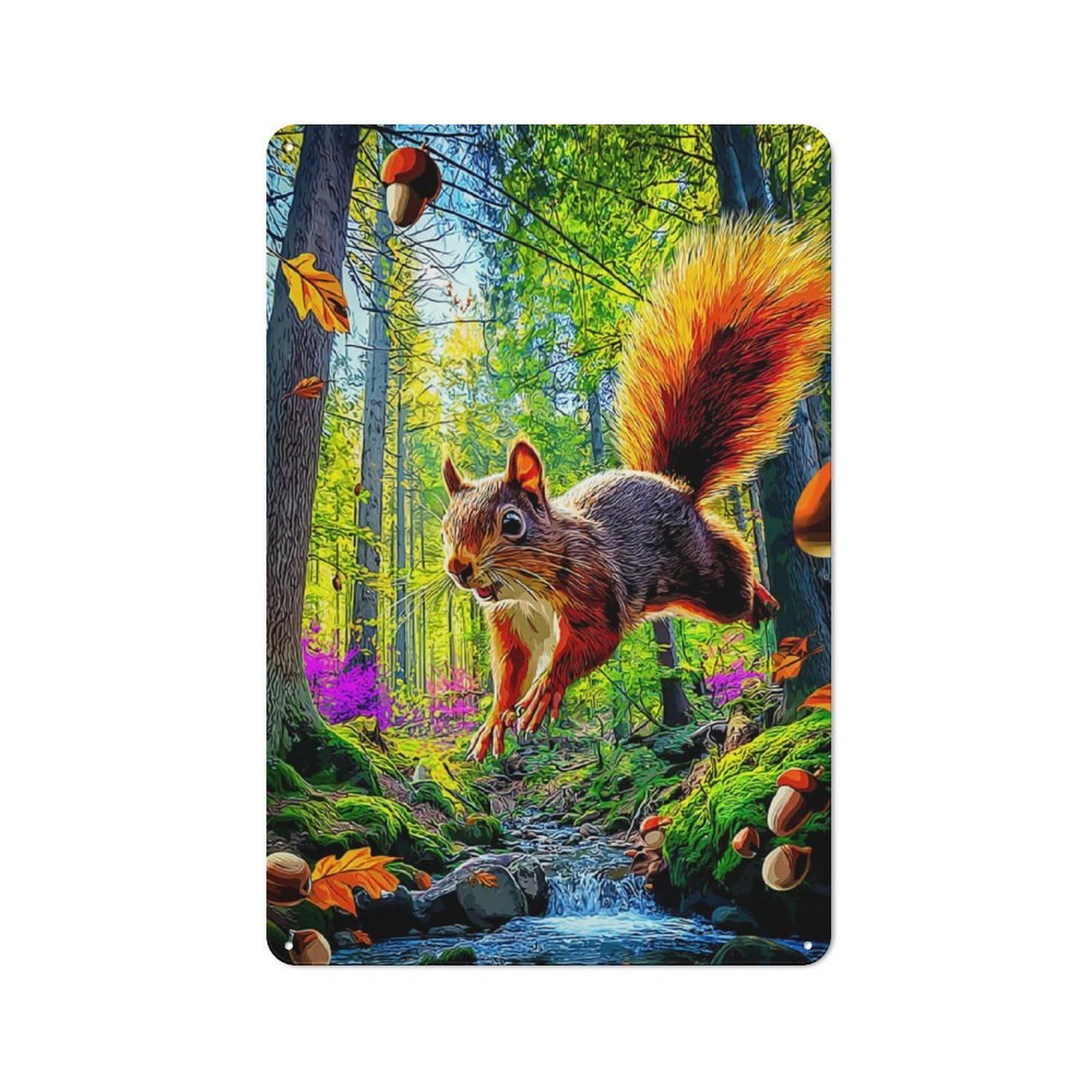 Junmoney Whimsical Forest Squirrel Scene Retro Vintage Tin Sign 30X20cm, Cafe Wall Decor For Kitchen, Cafe, Pantry Or Dining Room