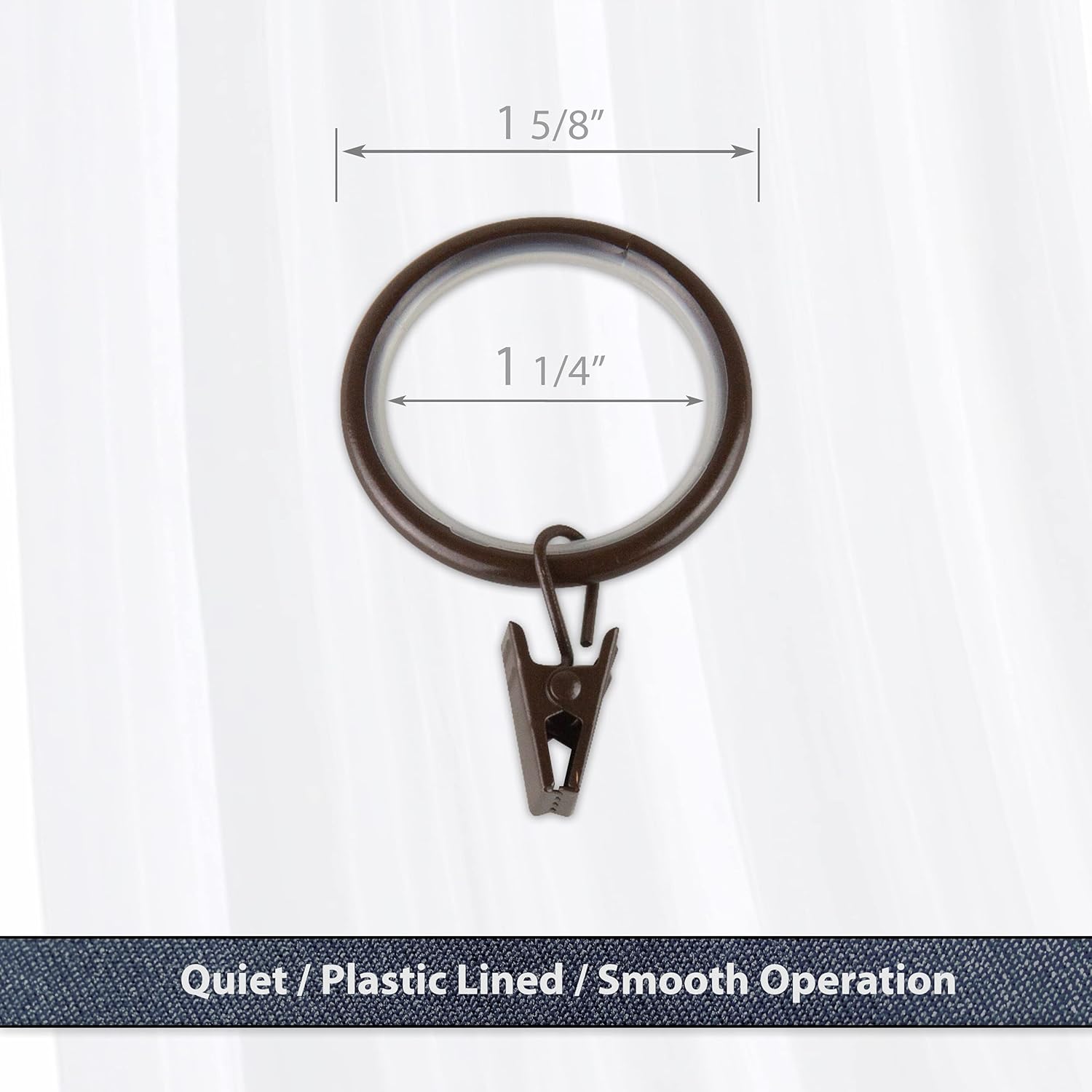 Rod Desyne 1-1/4 inch Noise-Canceling Curtain Rings w/Clips, (Set of 10), Antique Brass