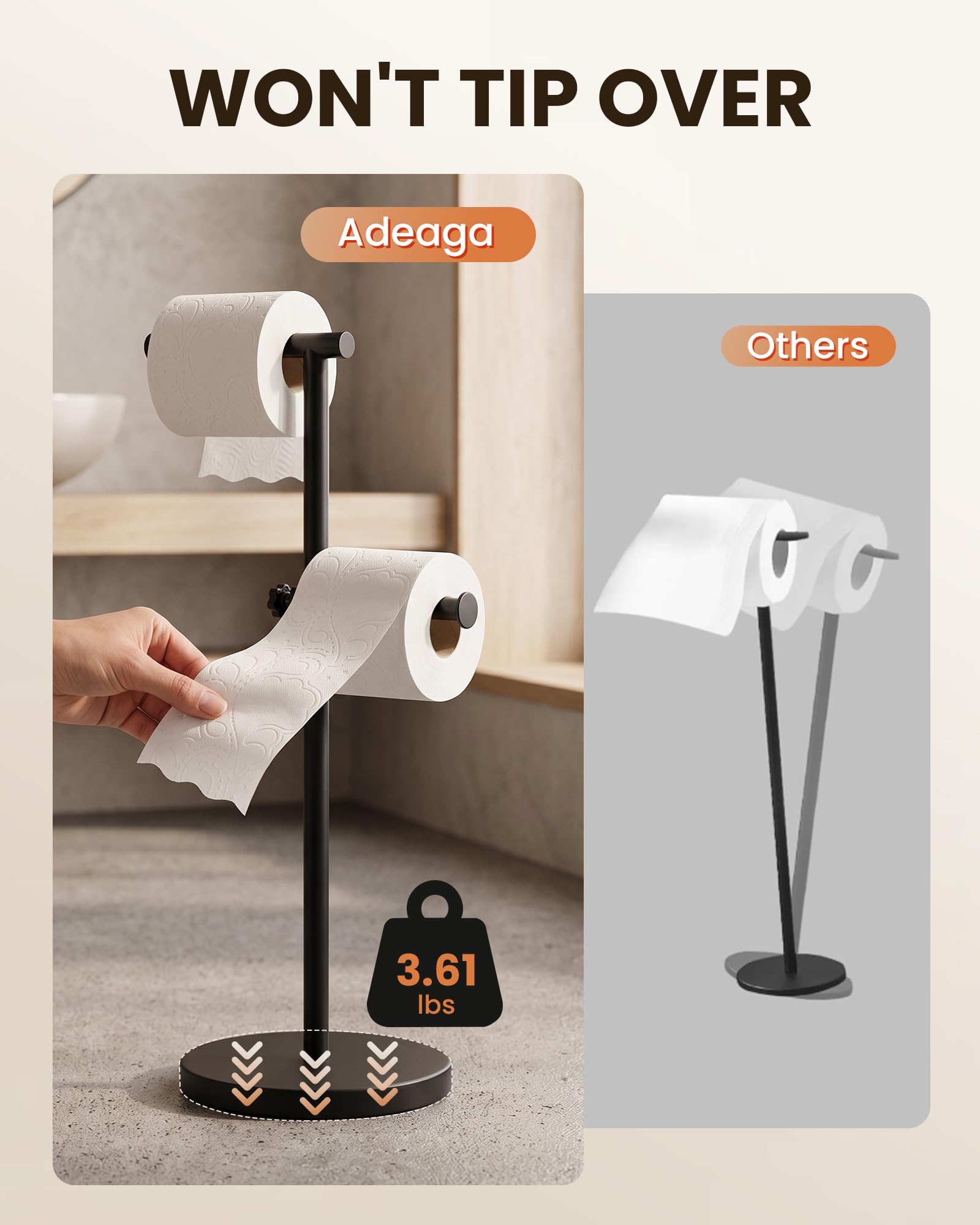 Toilet Paper Holder Stand, Heavy-Duty Stainless Steel Toilet Paper Stand with Weighted Base, Free Standing Floor Tissue Roll Holder for Bathroom, 21" H Matte Black — Amazon image 5
