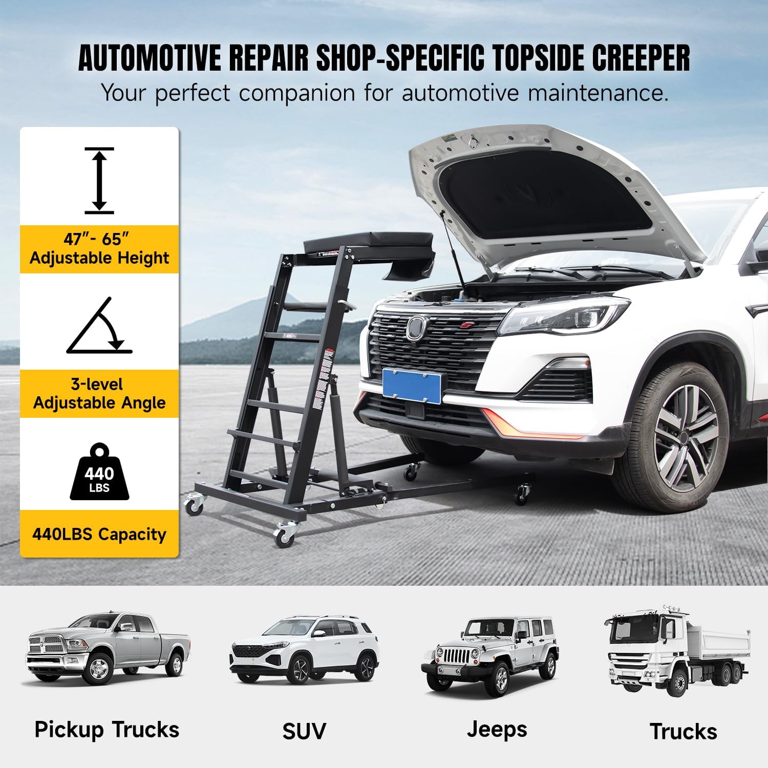 Adjustable Topside Creeper Automotive Engine Creeper 47''-65'', 440 LBS Capacity, 4 Swivel Caster Wheels (2 with Brakes), Padded Deck for Home Garage, Workshop Repair Maintenance