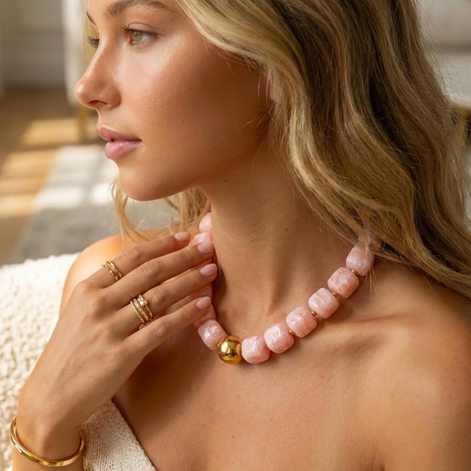 Mchic Colorful Beaded Choker Necklace for Women: Boho Large Square Acrylic Beaded Necklace Stainless Steel Adjustable Surfer Beach Strand Necklces Summer Handmade Jewelry Gift for Women - Image 3