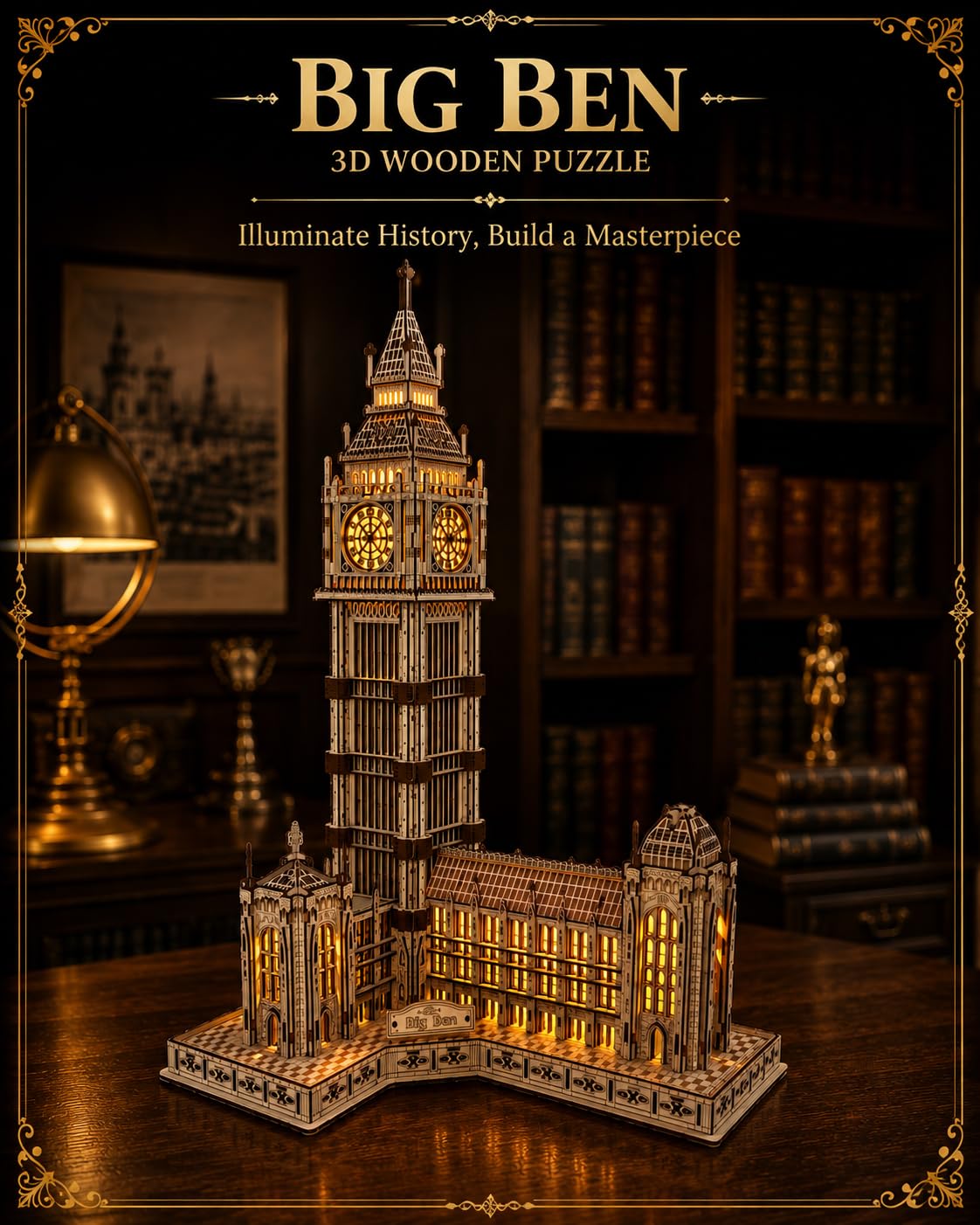 3D Holzpuzzle für Erwachsene, Big Ben Architekturmodell mit LED | Detailreiches Wahrzeichen Londons, warme LED-Beleuchtung, 595 Bauteile, dekoratives Holzmodell, Geschenkidee