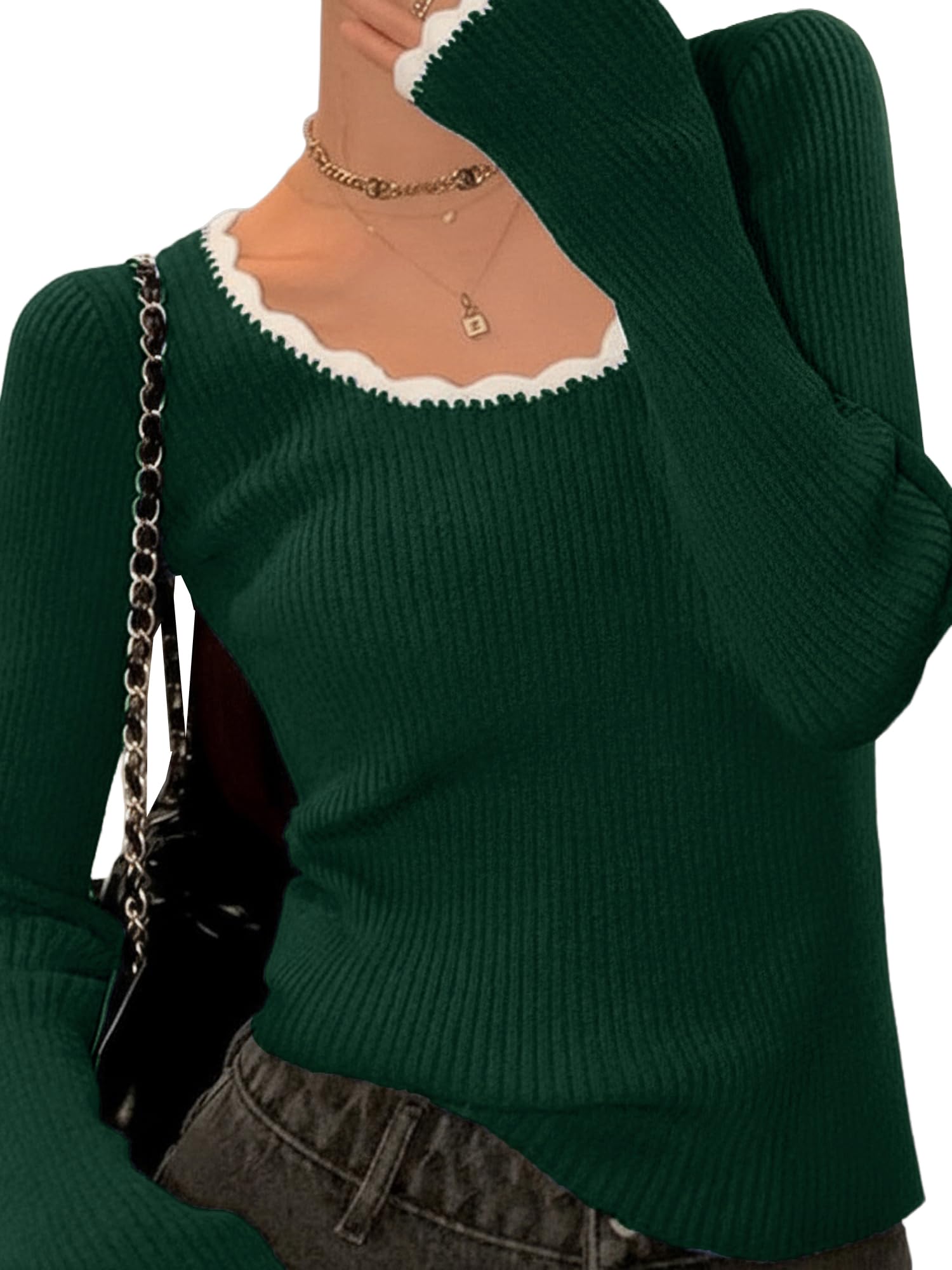 EMMIOL Womens Knit Cute Sweaters Ribbed Fitted Tops Scoop Neck Long Sleeve Shirts Going Out Y2K Outfits