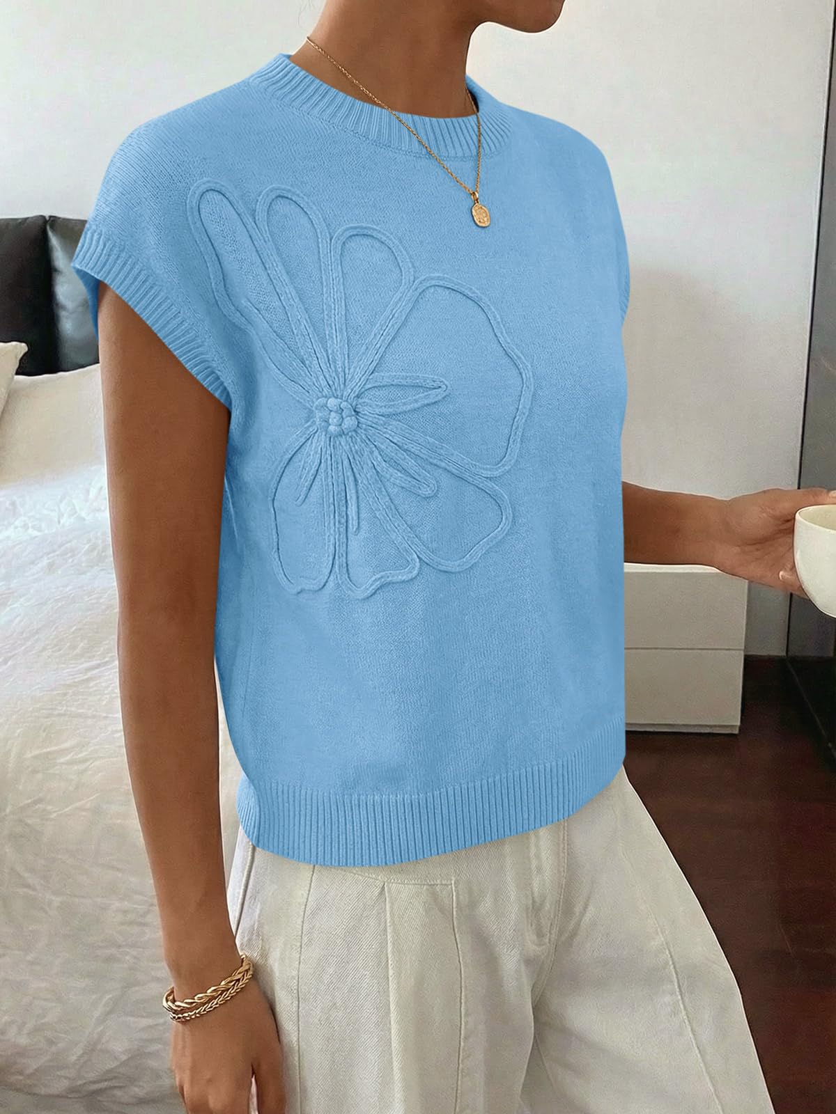 Saodimallsu Womens Short Sleeve Sweater Trendy Floral Pullover Sweaters Summer Casual Crewneck Lightweight Knit Tops - 4