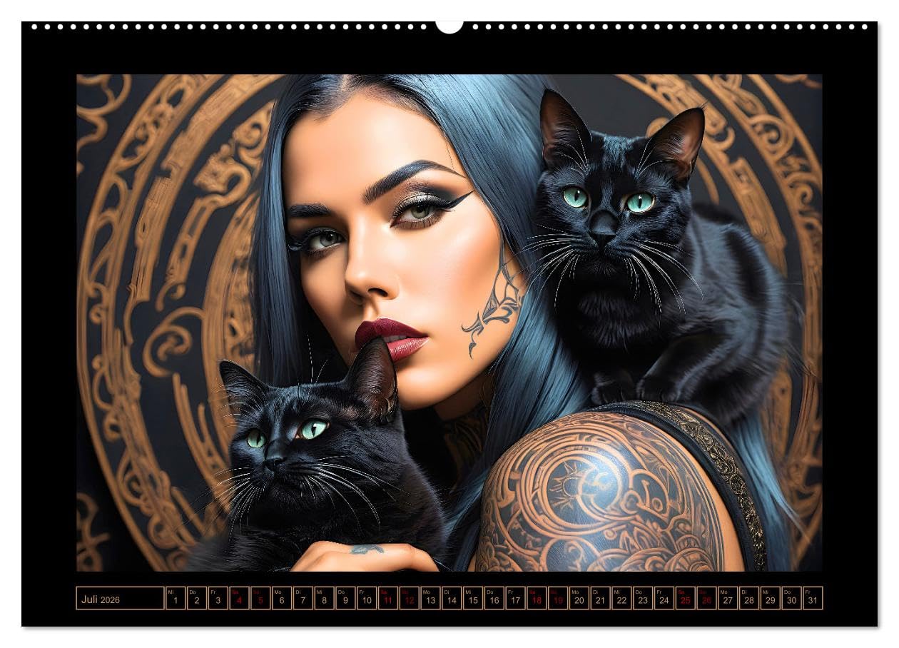 Geheimnisvolle Katzenfrauen (hochwertiger Premium Wandkalender 2026 DIN A2 quer), Kunstdruck in Hochglanz: Zauberhafte Porträts anmutiger Samtpfoten ... verführerischen Gefährtinnen (CALVENDO Tiere)