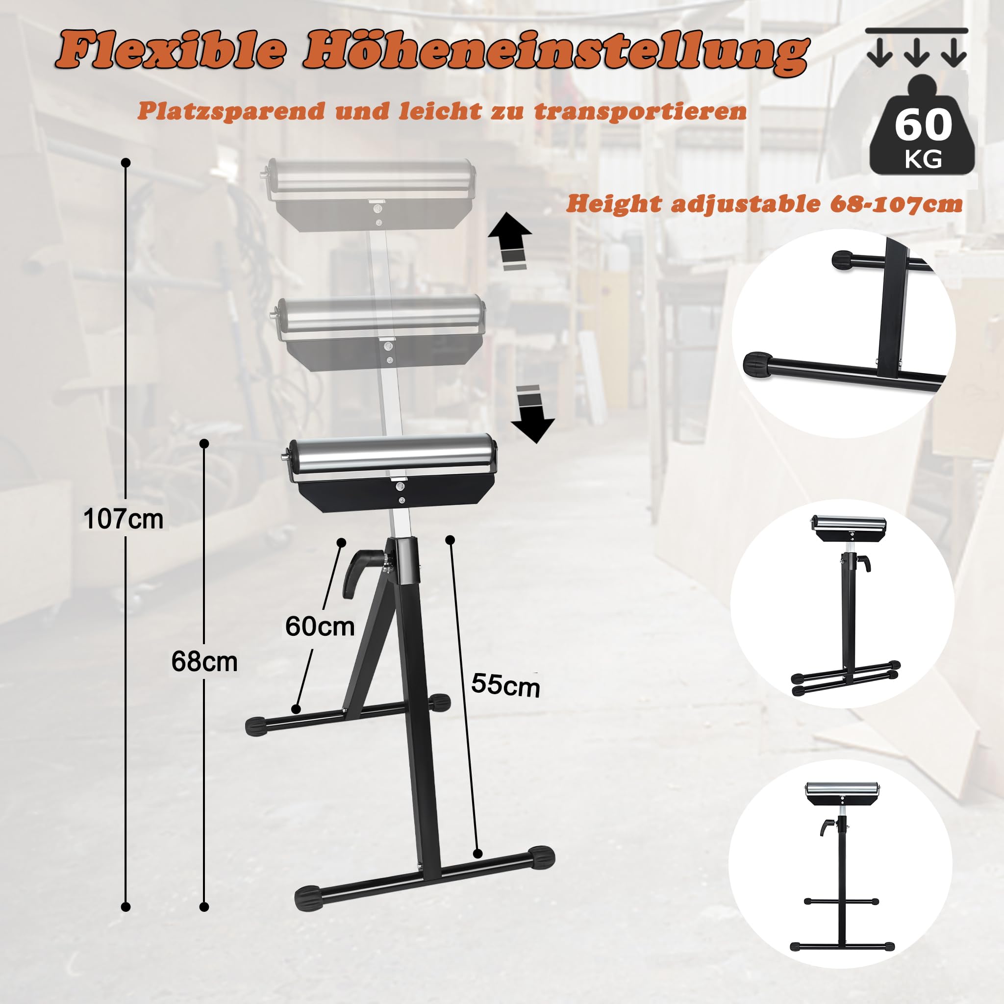 ACXIN Lot de 2 tréteaux à roulettes pliables réglables en hauteur avec pieds antidérapants 68-108 cm Charge max. 60 kg