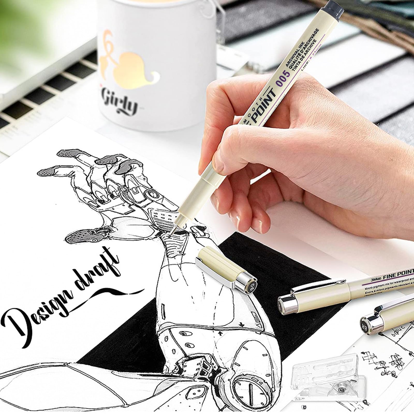 Set di 12 penne fineliner Rierousy Micron nero impermeabili per illustrazioni schizzi