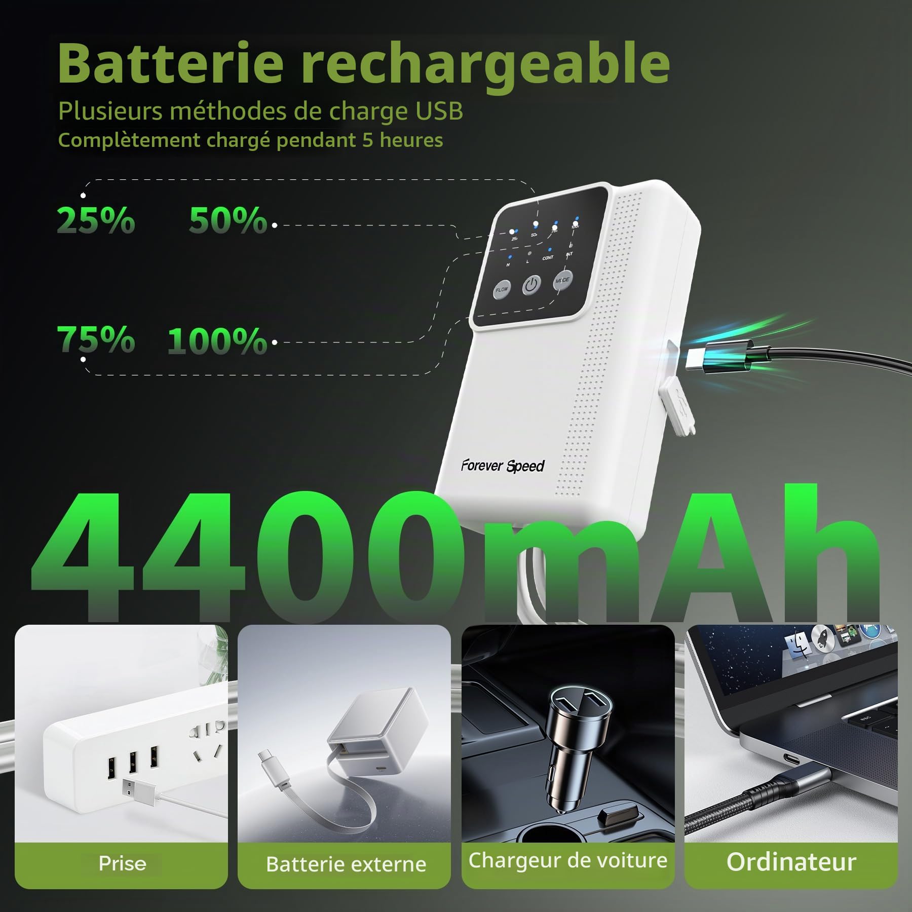 Forever Speed Pompe à air pour Aquarium LED Rechargeable, Réglable Pompe à air Aquarium avec Batterie avec 2 Sorties pour la Pêche en Extérieur