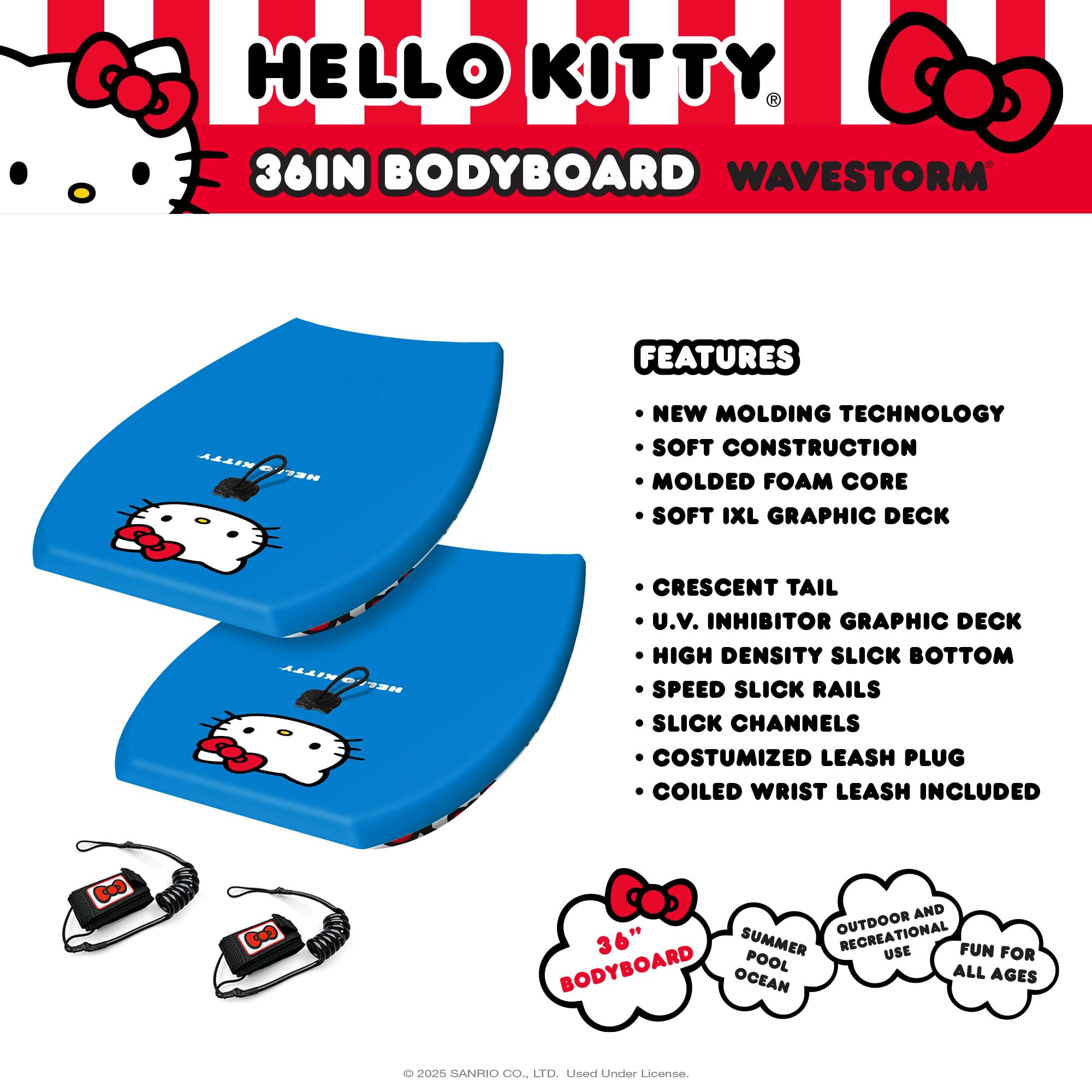 Wavestorm Hello Kitty Bodyboard, 91,4 cm, grafisches Oberdeck mit hochdichter glatter Unterseite, Schaumstoff-Konstruktion mit Zubehör, inklusive verbesserter Spiral-Leine, 2 Stück