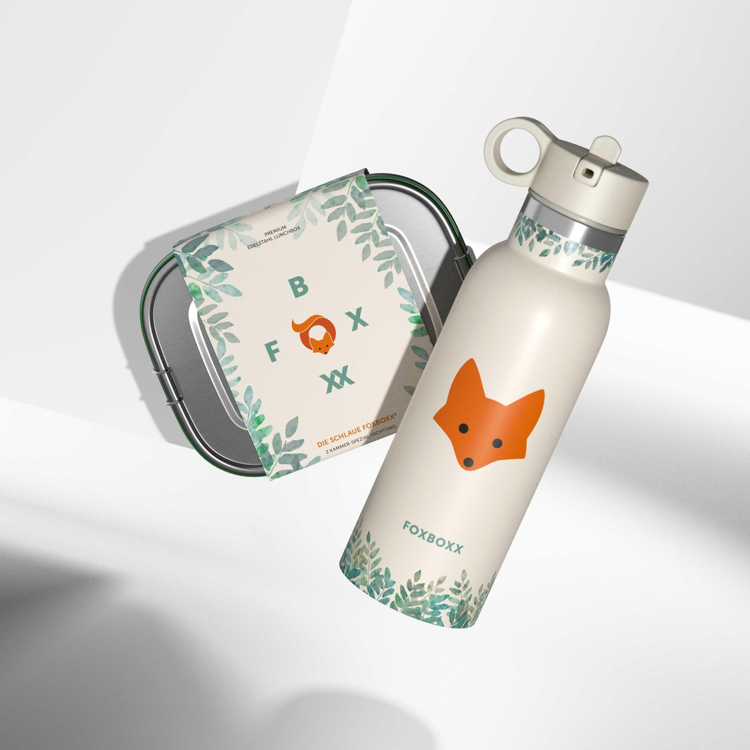 FOXBOXX SCHULE Kinder-Set – ÖKO Lunchbox Edelstahl + FOX Trinkflasche isoliert + Bürste – auslaufsicher, BPA-frei (panna cotta 500ml, 800ml)