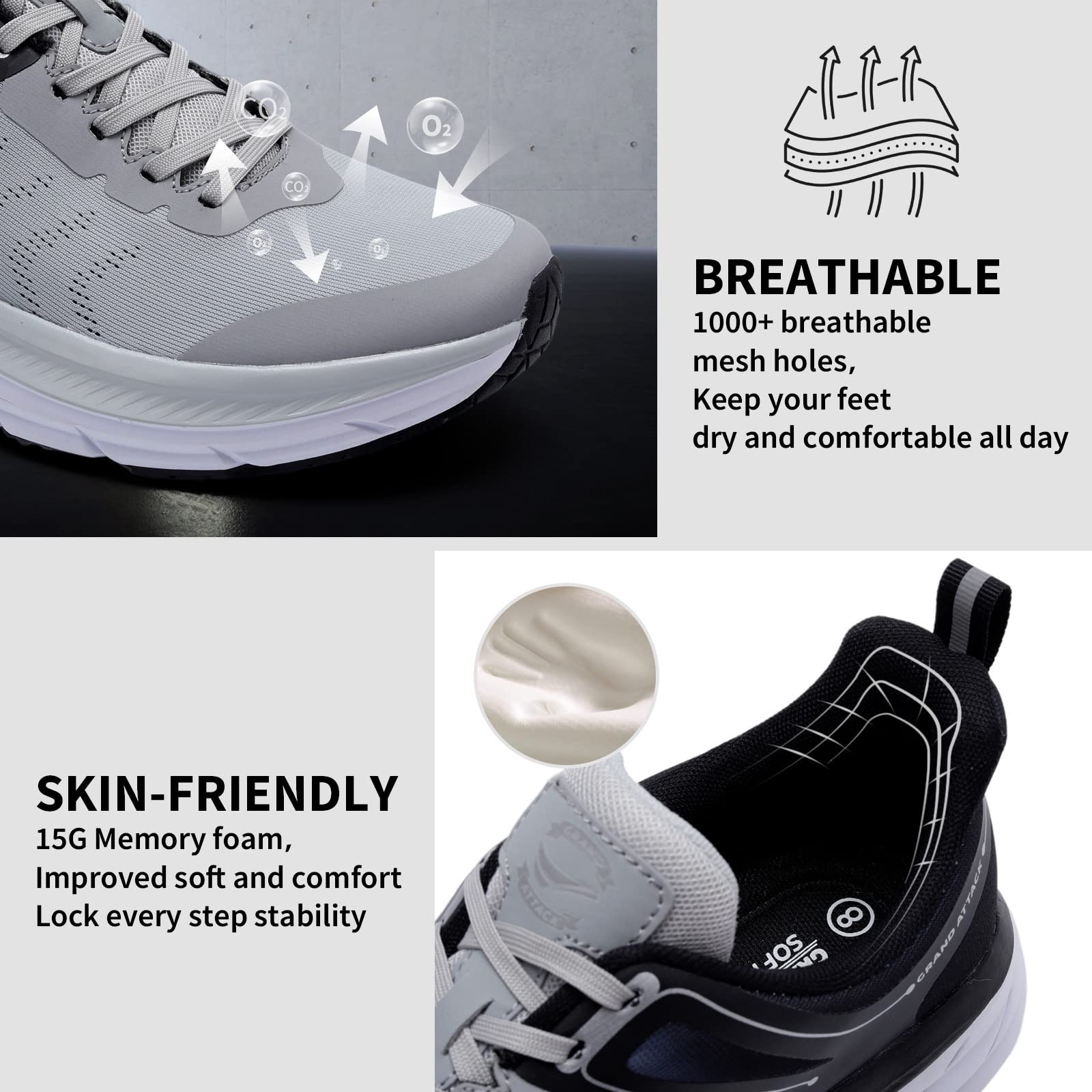 Grand Attack Buty do biegania szosowego dla mężczyzn z doskonałą amortyzacją, wygodą, lekkie męskie buty do chodzenia, antypoślizgowe, oddychające, sportowe, tenisówki, tenisówki do rugby, Zt620 czarny/szary, 46 EU