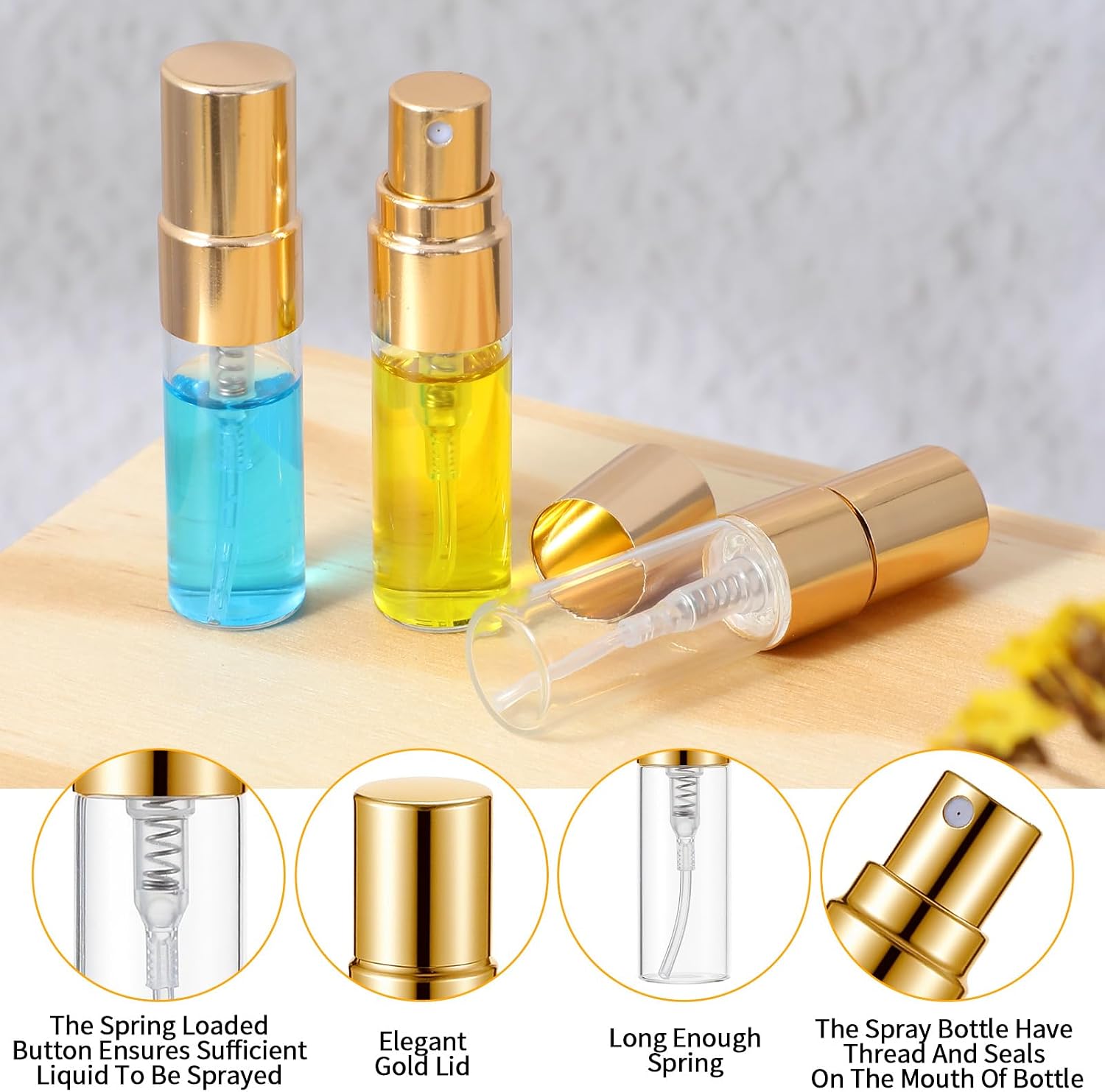 50 Pcs 3ml Fine Mist Atomizer Glass Bottle Mini Clear Spray Vials Empty Refillable Perfume Bottles with Gold Lids Portable for DIY, Cleaning, Essential Oils, Travel (Gold Cap) image 4