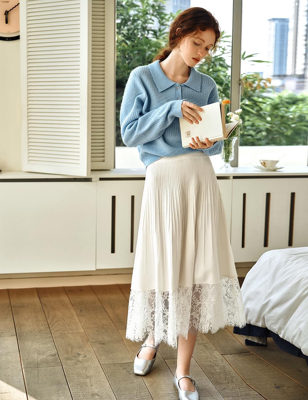 Women's White Elastic High Waist Knitted Lace Stitching Midi Skirt