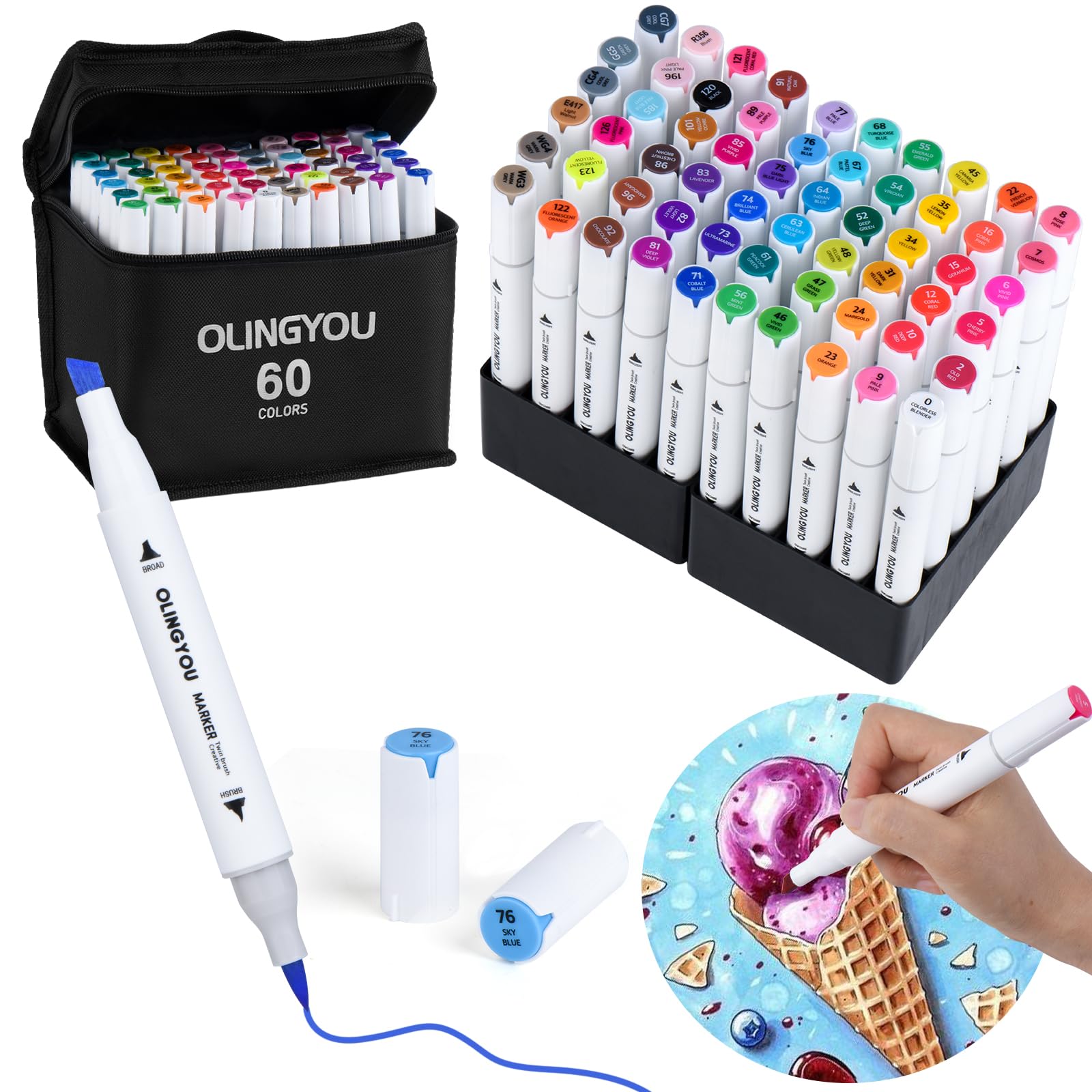 OLINGYOU Dual Tip Alcohol Markers Set, 60 Colors, Brush and Chisel Tips, Art Markers for Drawing and Coloring