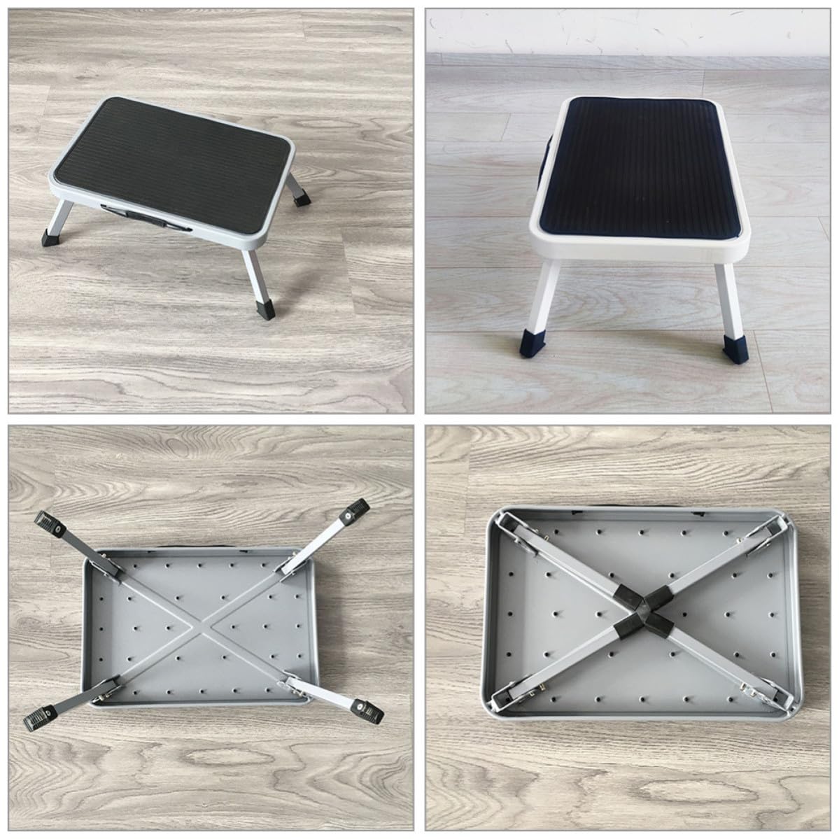 FOMIYES Taburete de Escalera Plegable de Metal Negro Resistente al Óxido Superficie Antideslizante y Diseño Portátil Adecuado para Uso en Interiores y Exteriores