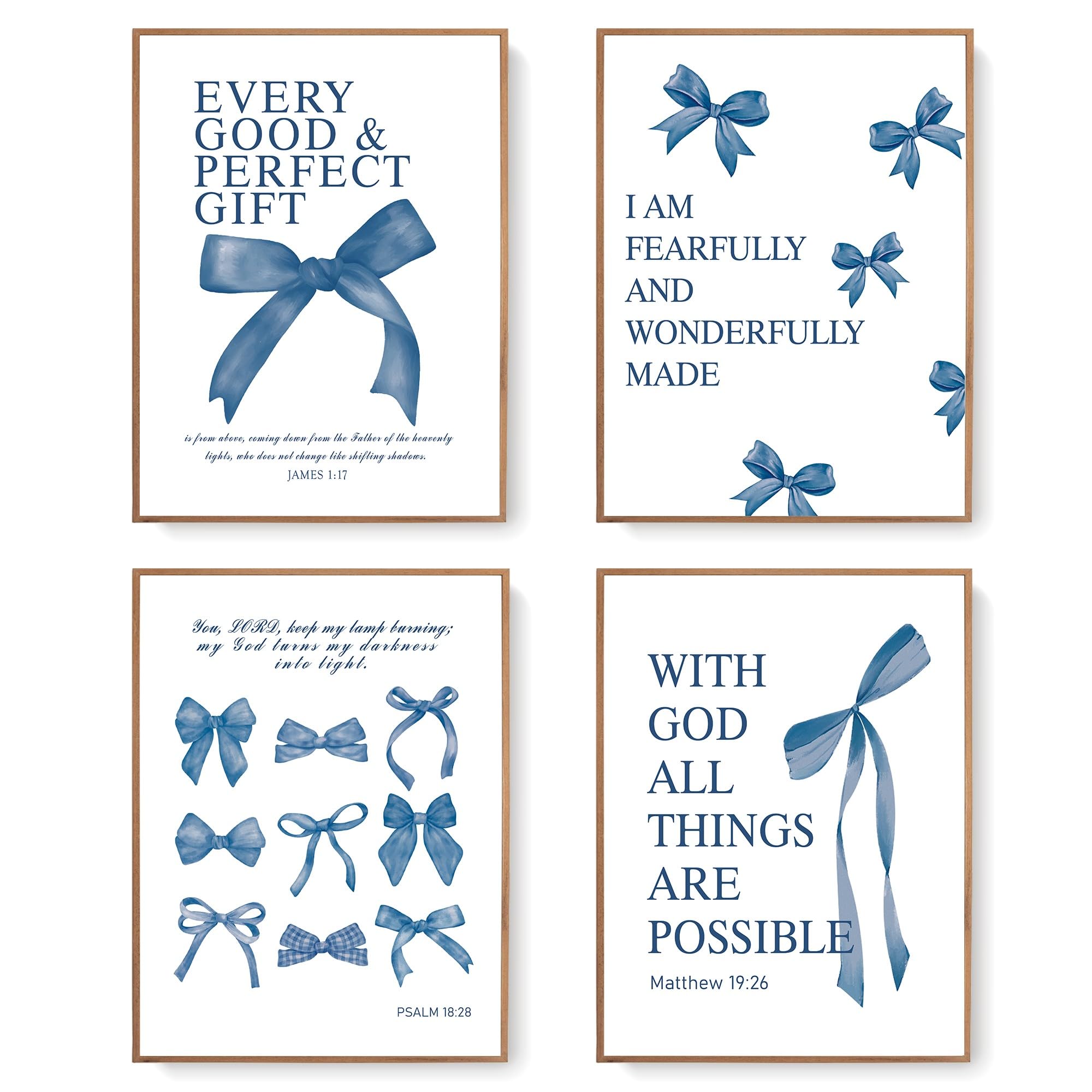 LARTSFRO Coquette Navy Blue Bow Wall Art Decor Posters, Navy Blue Bow Room Bedroom Bathroom Wall Art Decor Aesthetic for Teen Girls Gifts, Inspirational Bible Verses Bow Wall Decor, 12x16 Inch Set of 4 Bow Pictures Unframed