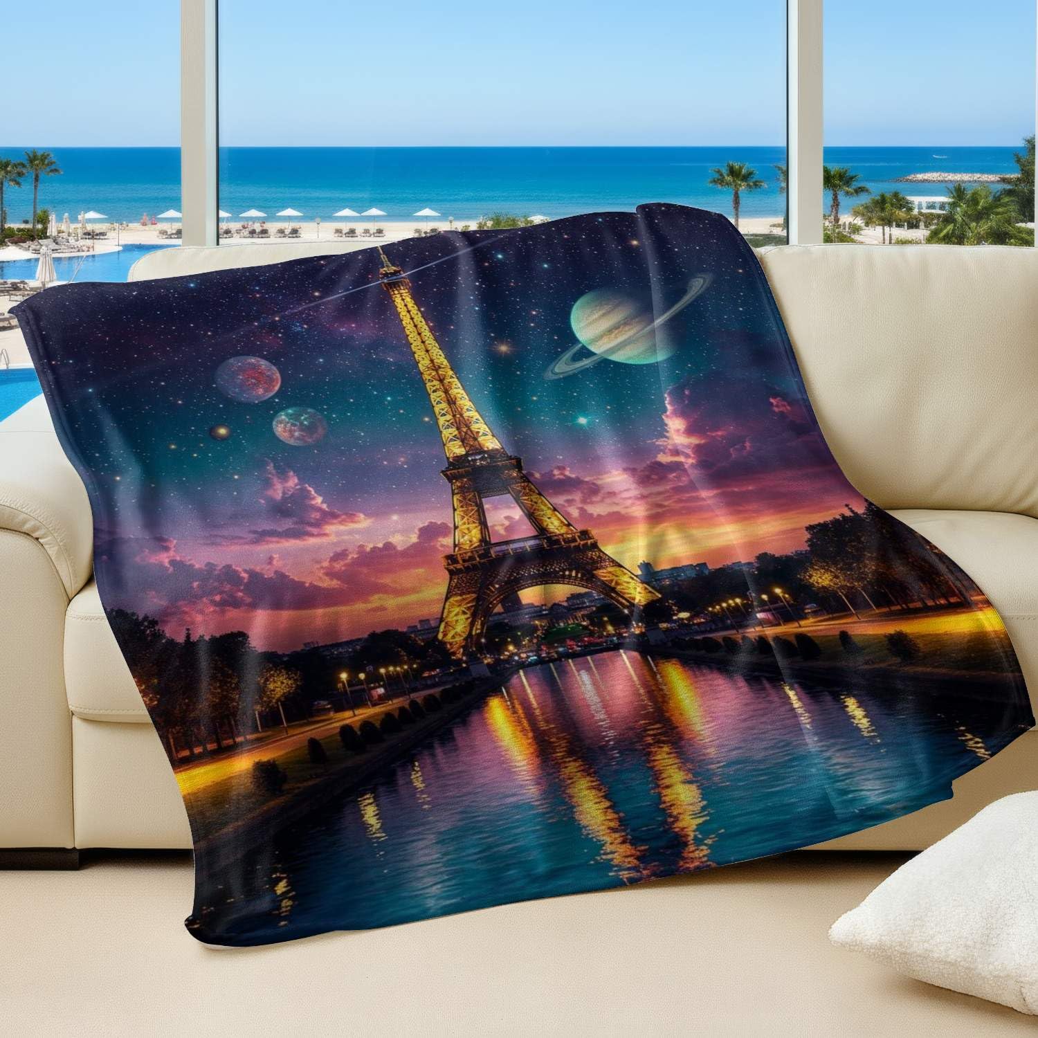 Couverture flanelle Eiffel Galaxie 150x200 cm idée cadeau romantique originale