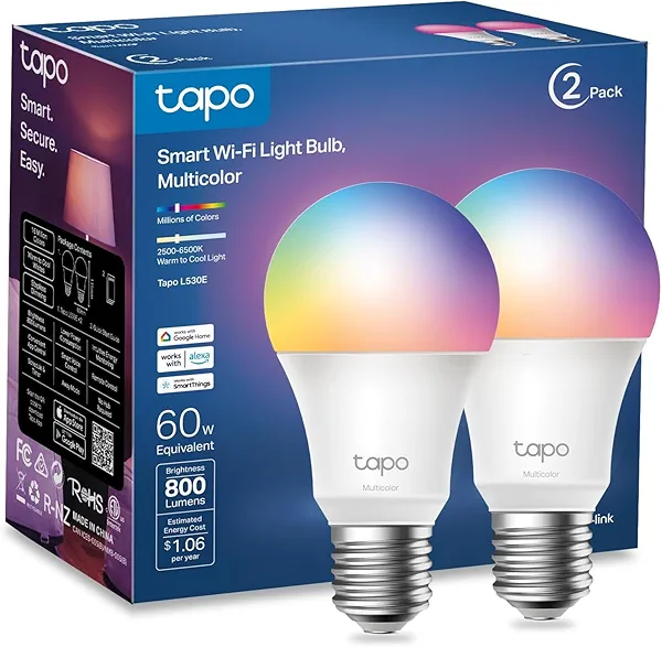 TP-Link Tapo Smart Light Bulbs, 16M Colors RGBW, Dimmable, Compatible with Alexa and Google Home, A19, 60W Equivalent, 800LM CRI>90, 2.4GHz WiFi only, No Hub Required, Tapo L530E(2-Pack)