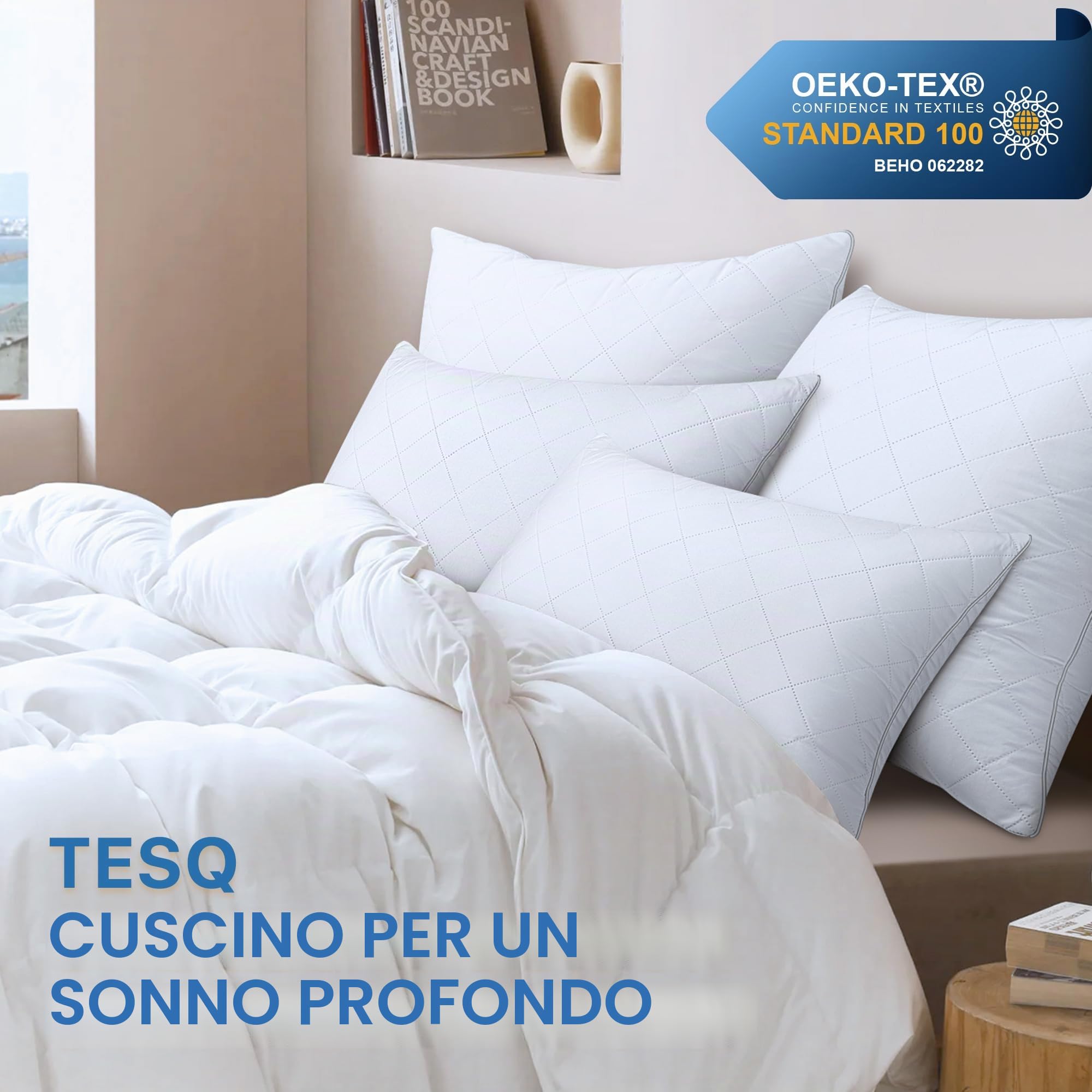 TESQ Cuscini Letto 50x70 cm Set di 2, Qualità Alberghiera di Lusso Cuscino Set 2 Cuscini Morbidi e Confortevoli, Traspiranti e Ipoallergenici Certificati Oeko-TEX, Adatti a Tutte le Posizioni di Sonno