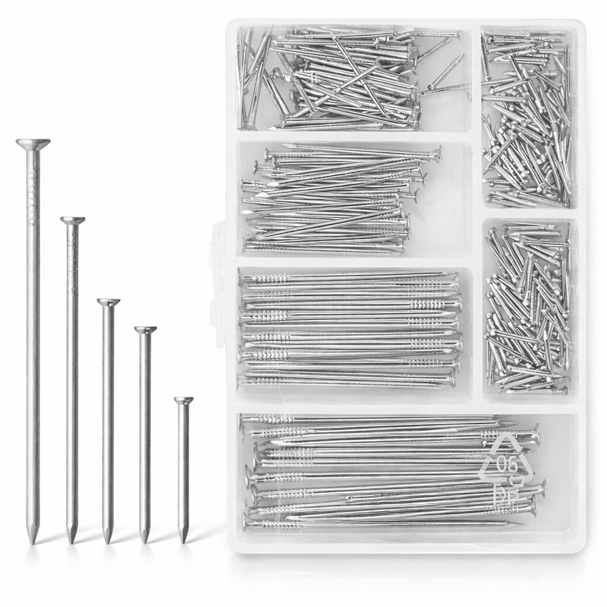 250 Assorted Flat Head Nails Perfect for Wood and Hanging Pictures, Long, Medium and Small Wall Nails for DIY and Crafts, Home Décor, Woodwork, Furniture and Construction, Silver