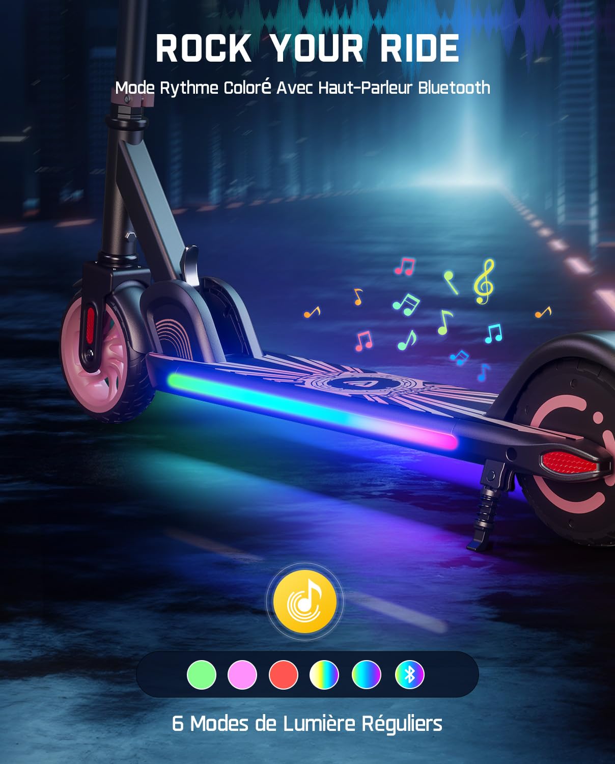 FanttikRide C9 Apex Trottinette Électrique Enfant, Bluetooth | Haut-Parleur Bluetooth, Lumières Arc-en-Ciel, 8/13/16 km/h, Autonomie 8 km, Hauteur Réglable, Pliable, jusqu'à 60 kg