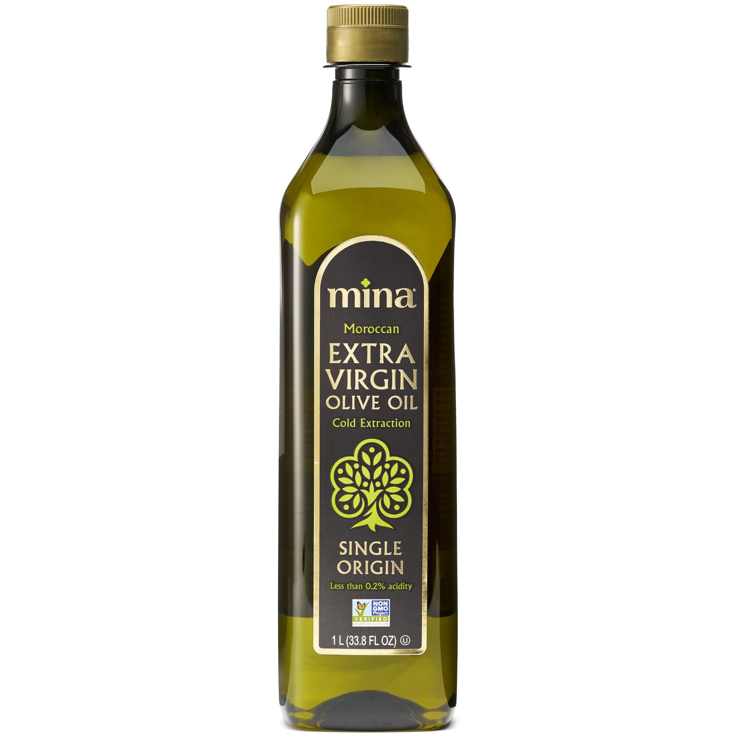 Mina Moroccan Olive Oil Extra Virgin 33.8 Fl Oz, New Harvest, Polyphenol Rich Olive Oil, Single Origin Extra Virgin Olive Oil, Cold Extraction, Less than 0.2% Acidity, 1 L