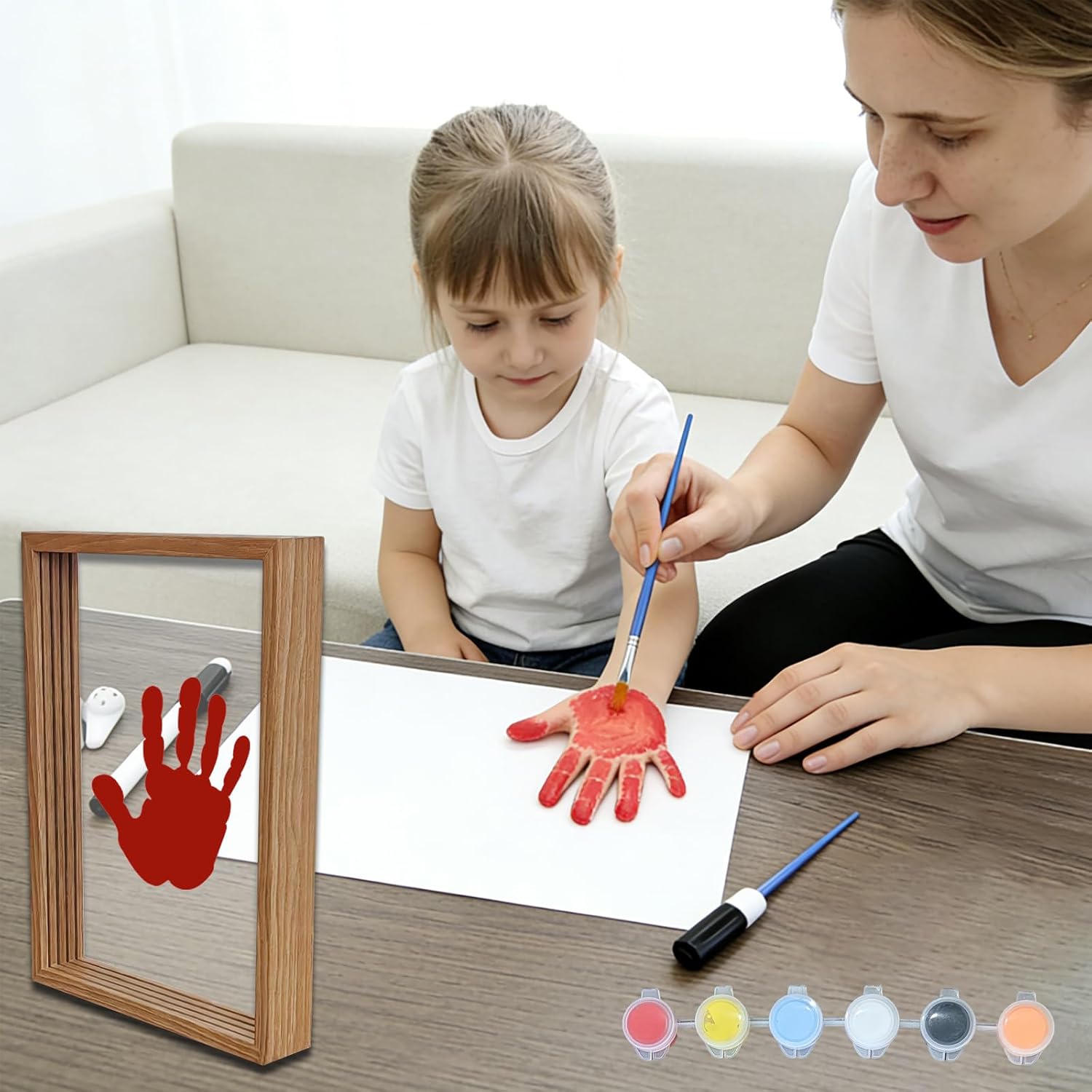 Family Handprint Kit, 8.8 x12.6 in DIY Colorful Craft, 5 Sheets with 8 Colors Wooden Art Frame, Baby Handprint Kit for Home Decor Family Valentine's Gifts Keepsake New Parents