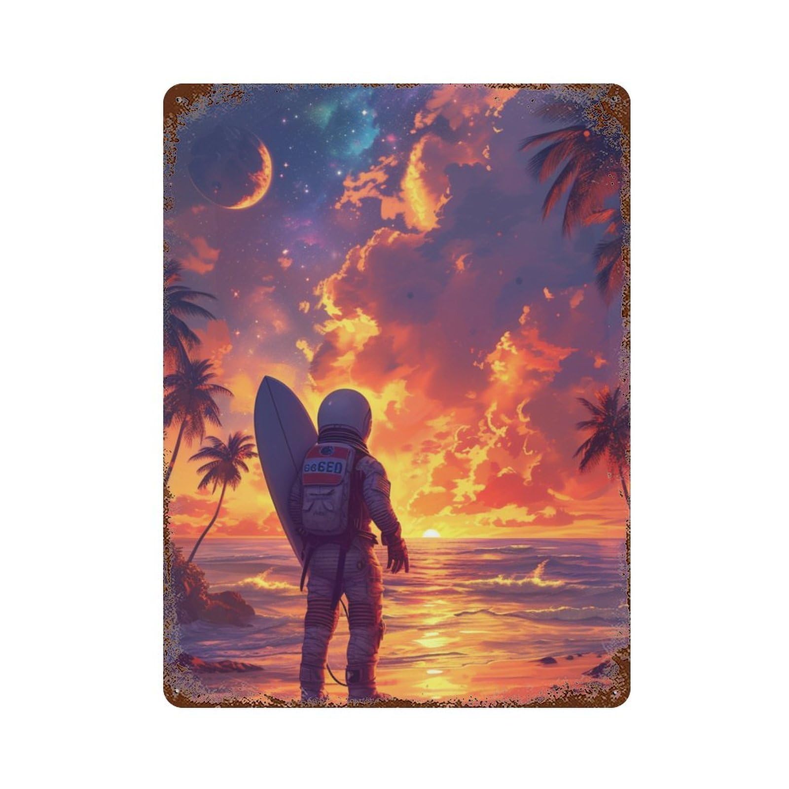 Garage Style Astronaut Surfer Sunset Rust Effect Tin Sign 15.7"x11.8", Classic Wall Plaque for Bar And Workshop