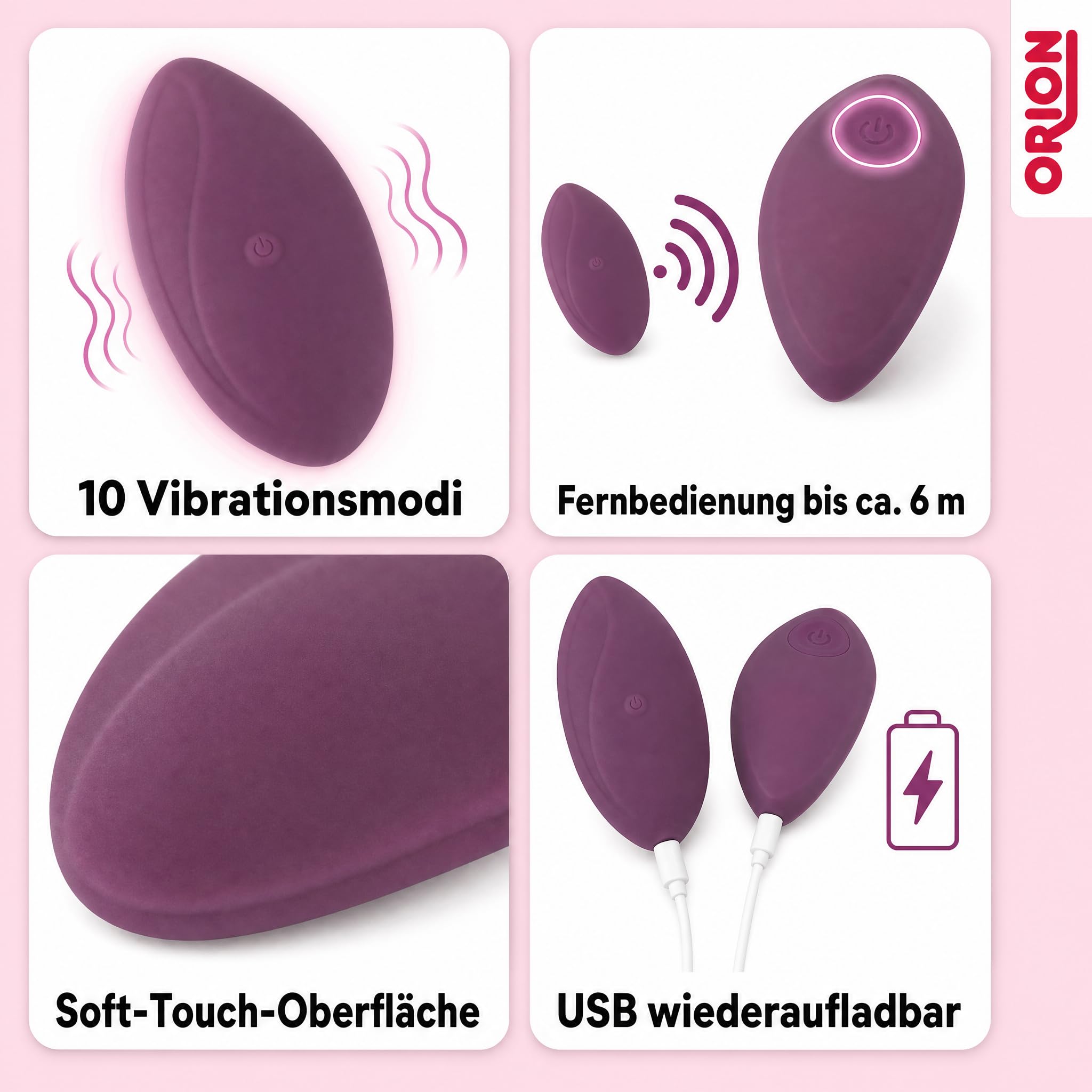 ORION Vibrator mit Fernbedienung, Auflegevibrator für Frauen mit Vibro-Zunge, 10 Vibrationsmodi, Soft-Touch-Silikon, wiederaufladbar per USB, flexibel, lila, 9,4 x 4,4 cm