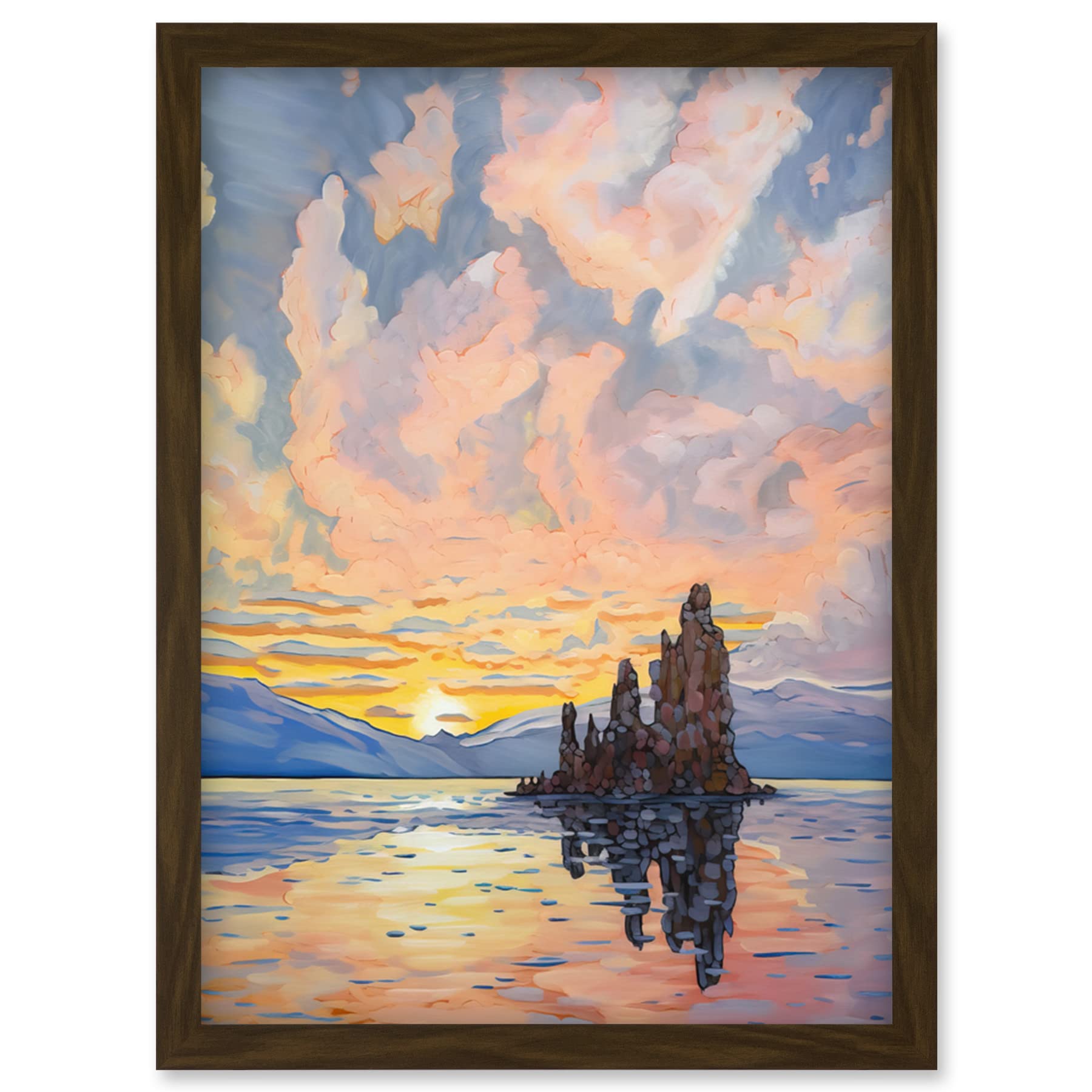 Artery8 Sunrise Atmospheric Clouds Over Mono Lake Mountain Lakeside Landscape Modern Watercolour Painting Artwork Framed Wall Art Print A4