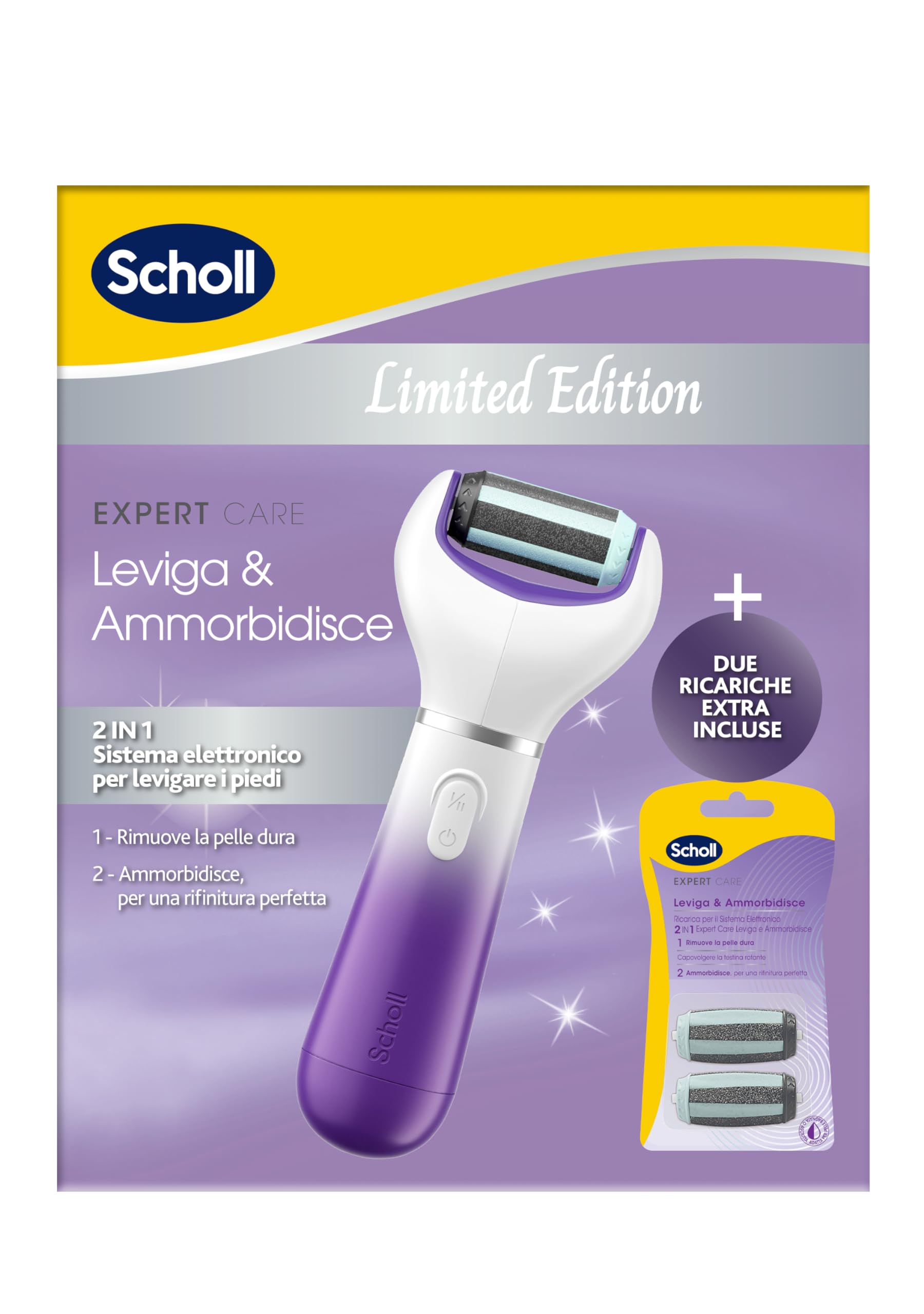 Scholl 2 en 1 - Suaviza y suaviza la edición limitada, pedicura eléctrica para pies y talones agrietados, 3 cabezales de doble acción incluidos, lima de pies profesional, elimina la piel dura y con