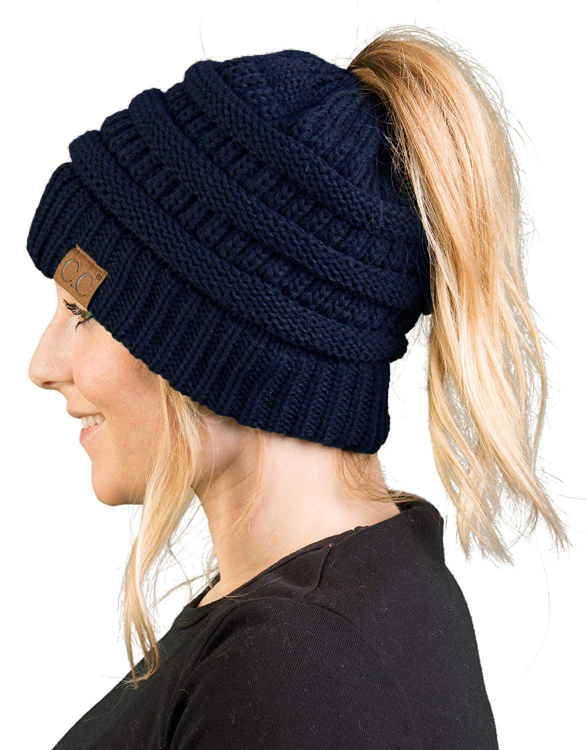 Funky JunquePonytail Messy Bun BeanieTail Women's Beanie Solid Ribbed Hat Cap