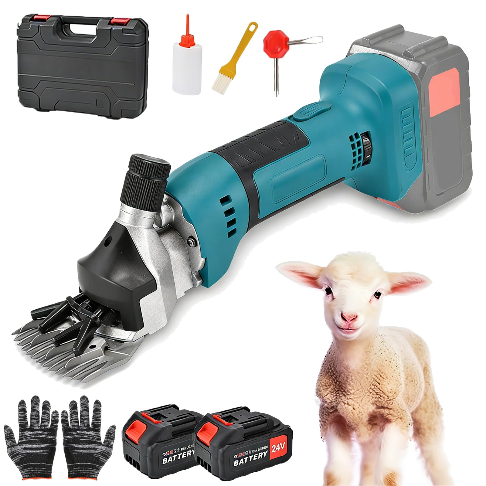 Tosatrice per Pecore Senza Fili, Forbici Elettriche per Lana 1300W con Regolazione a 6 Velocità & Lama a 13 Denti, Spaziatura Lama Regolabile Tosatrice per Pecore/Capre/Bovini Fat Blue 2*10 Batteries