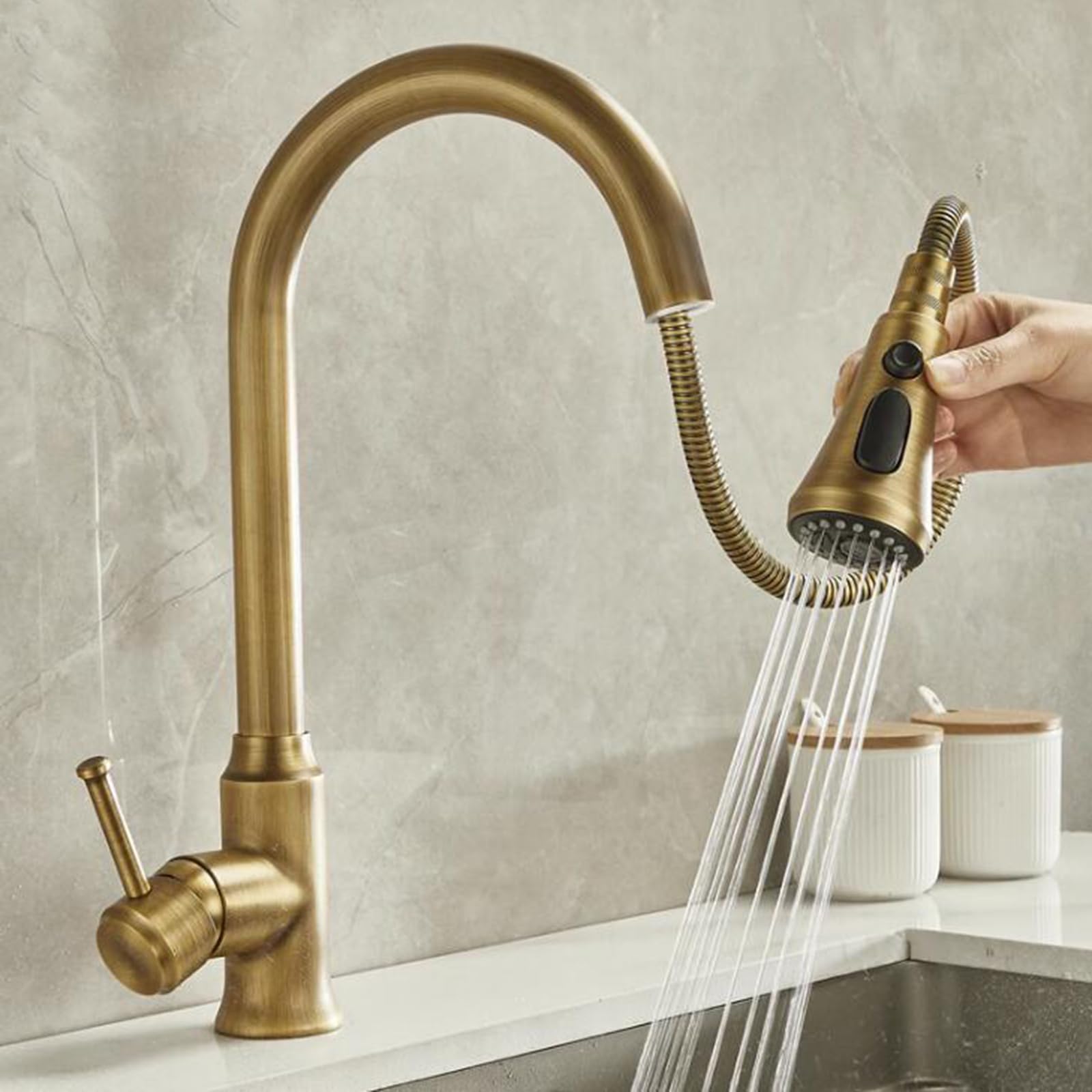 Robinet mitigeur de cuisine laiton pivotant avec douchette extractible pour évier de cuisine antique