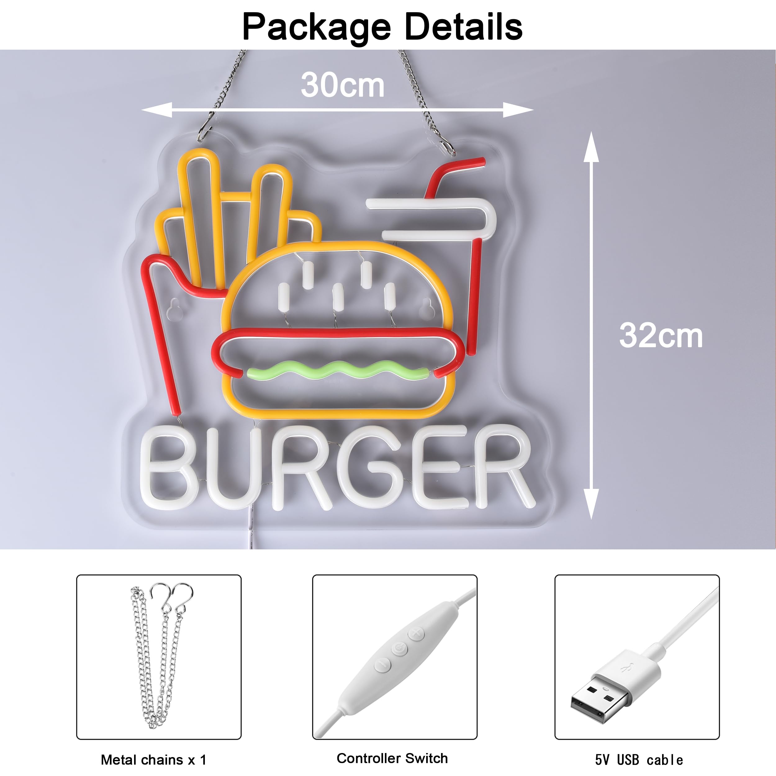 Burger Neon Sign – LED Hamburger, Fries & Coke Light For Restaurant, Kitchen, Or Party Decor (12.6x13.8", USB Powered) - View #12