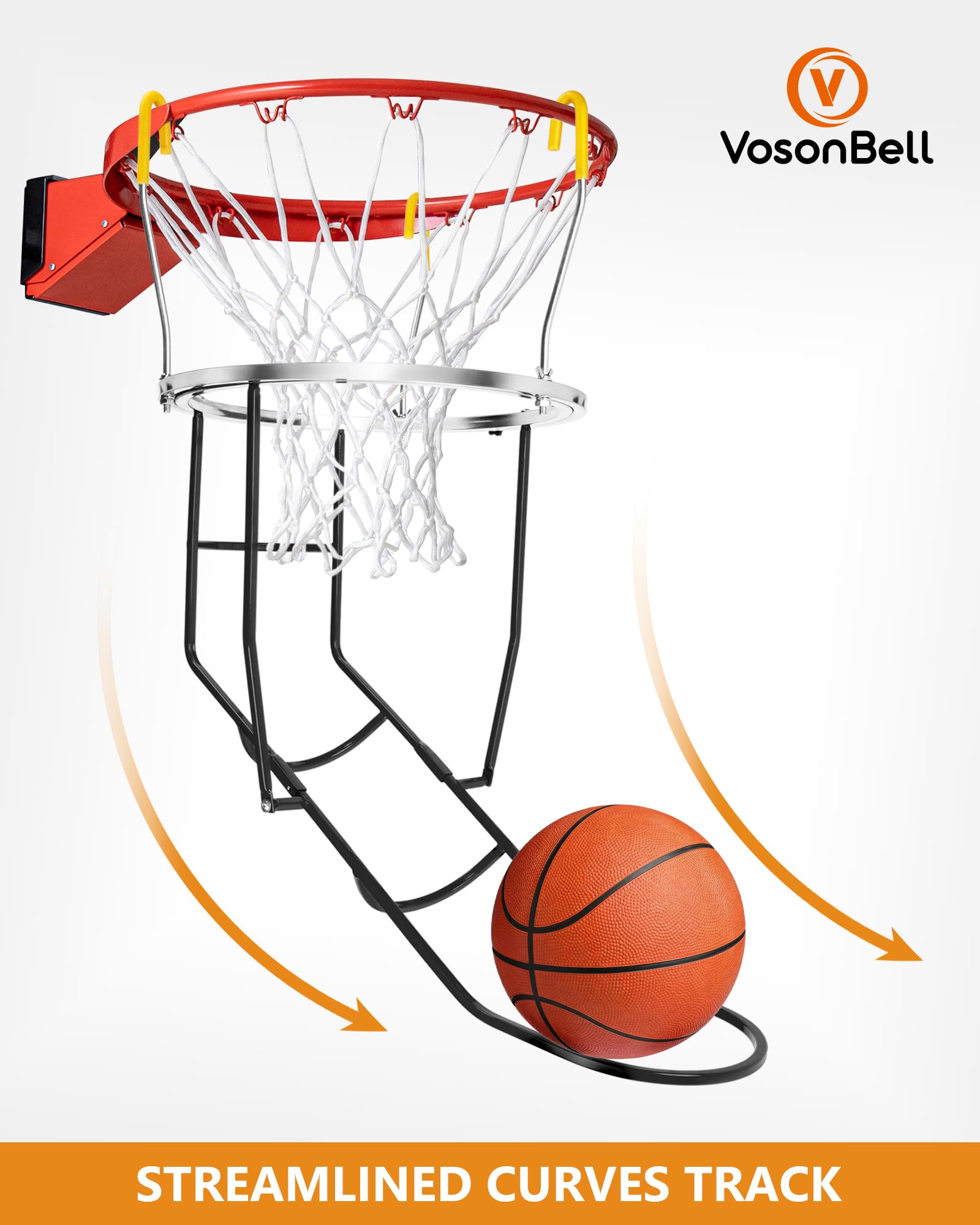 Verbesserter Basketball-Schuss-Trainer-Rebounder, robuster Basketball-Rücklaufaufsatz mit 360° drehbarer Schütte, tragbare Ballrückführung, Trainingshilfe, passend für Standard-45,7 cm Reifenfelgen