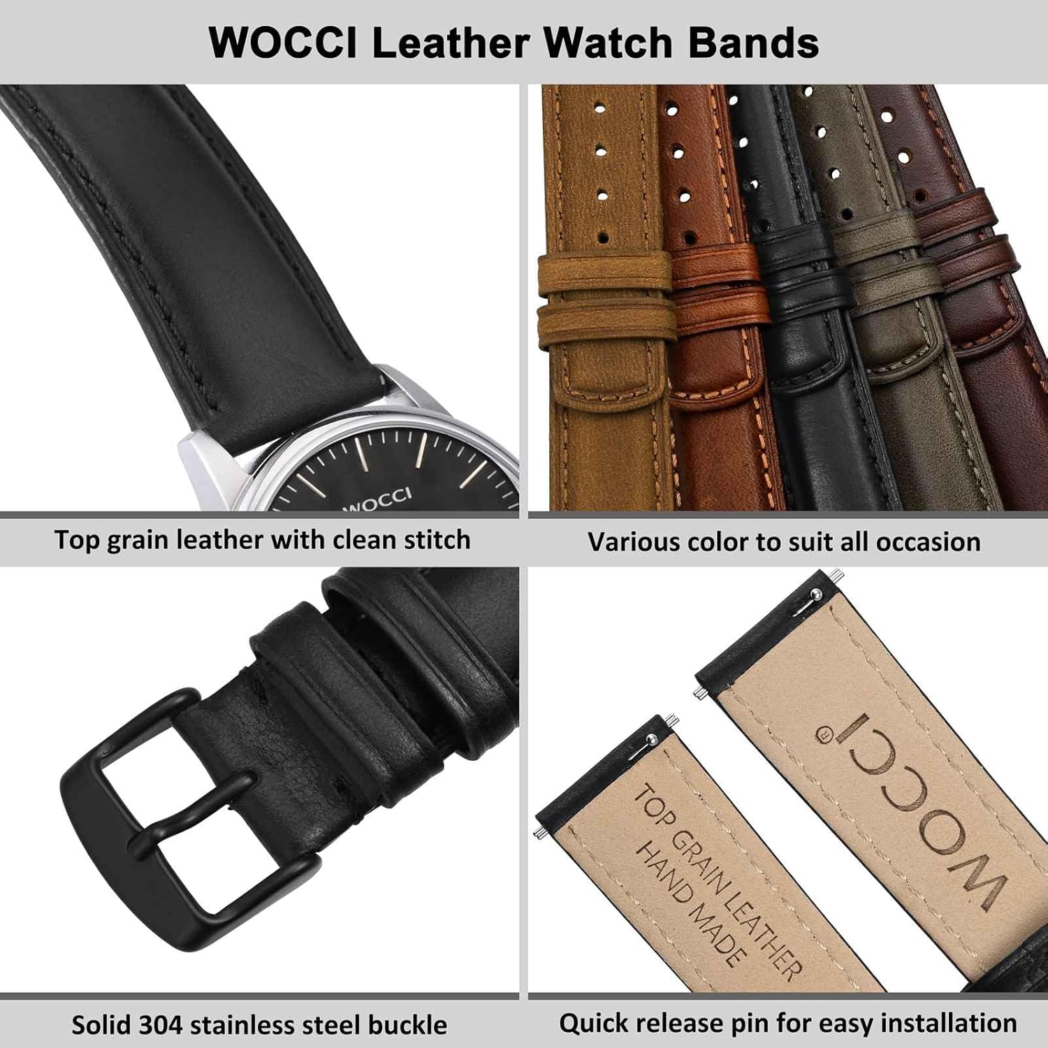 WOCCI Quick Release Watch Band, Distressed Genuine Leather, Stainless Steel Buckle, Strap Width 18mm 19mm 20mm 22mm 24mm - Image 4