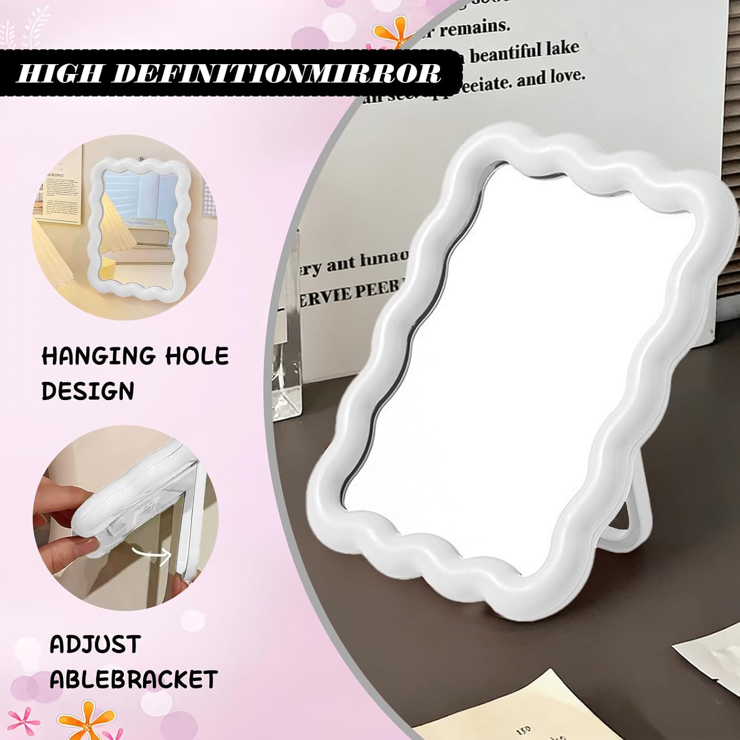 Wave Shaped Adjustable Desktop Vanity Makeup Mirror, 6.7X5.3 Inches, Portable Foldable Cute Travel Makeup Mirror, White