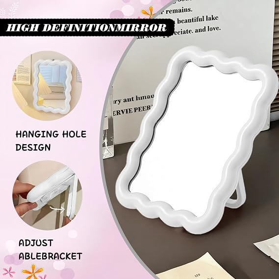 Wave Shaped Adjustable Desktop Vanity Makeup Mirror, 6.7X5.3 Inches, Portable Foldable Cute Travel Makeup Mirror, White