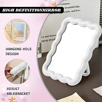 Wave Shaped Adjustable Desktop Vanity Makeup Mirror, 6.7X5.3 Inches, Portable Foldable Cute Travel Makeup Mirror, White