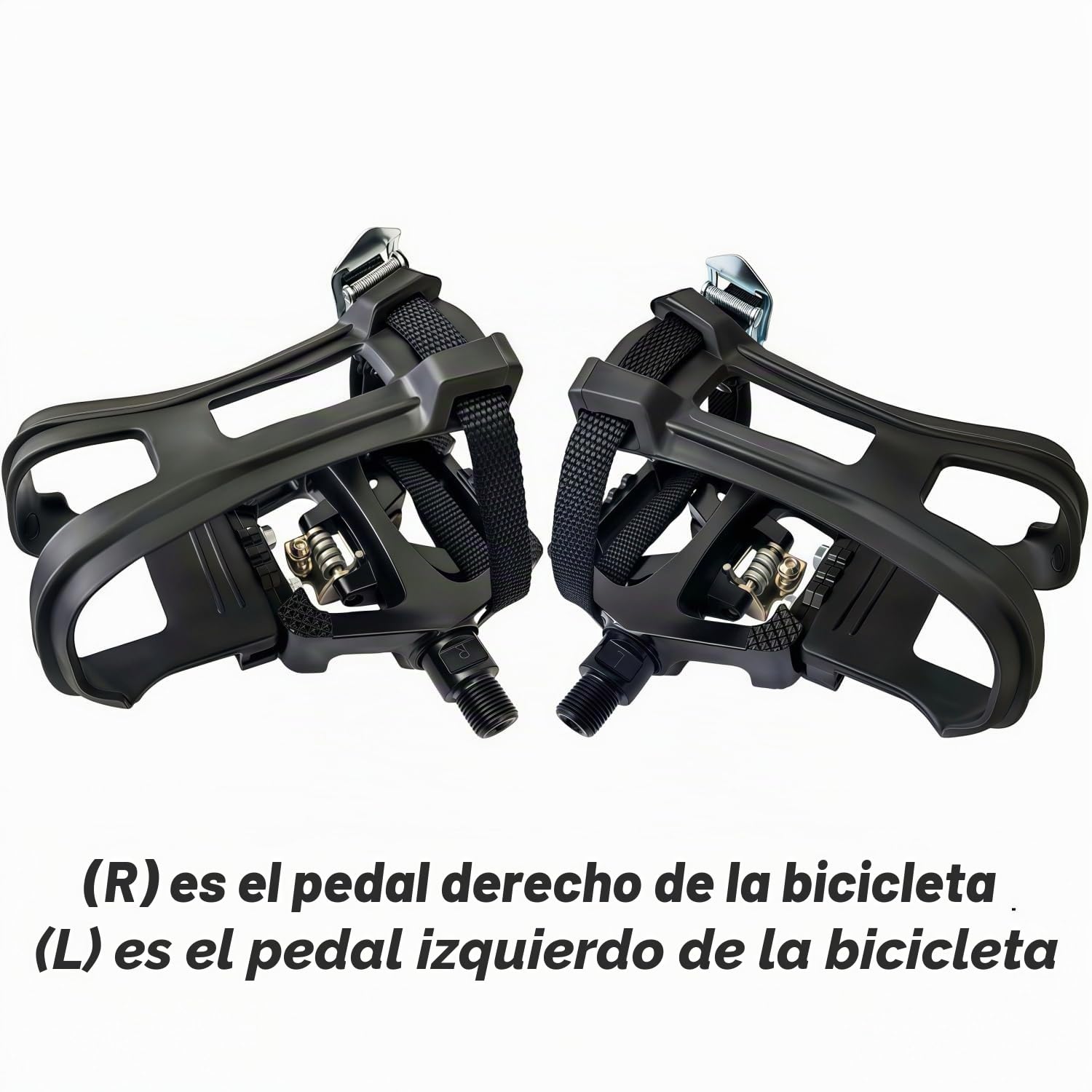 YBEKI Pedales de Gama Profesional para Bicicleta Estática – sin Clips + Calapiés y Correa – Compatibles con Peloton, Schwinn, Sunny y la mayoría de Bicicletas de Interior – Eje de 9/16″