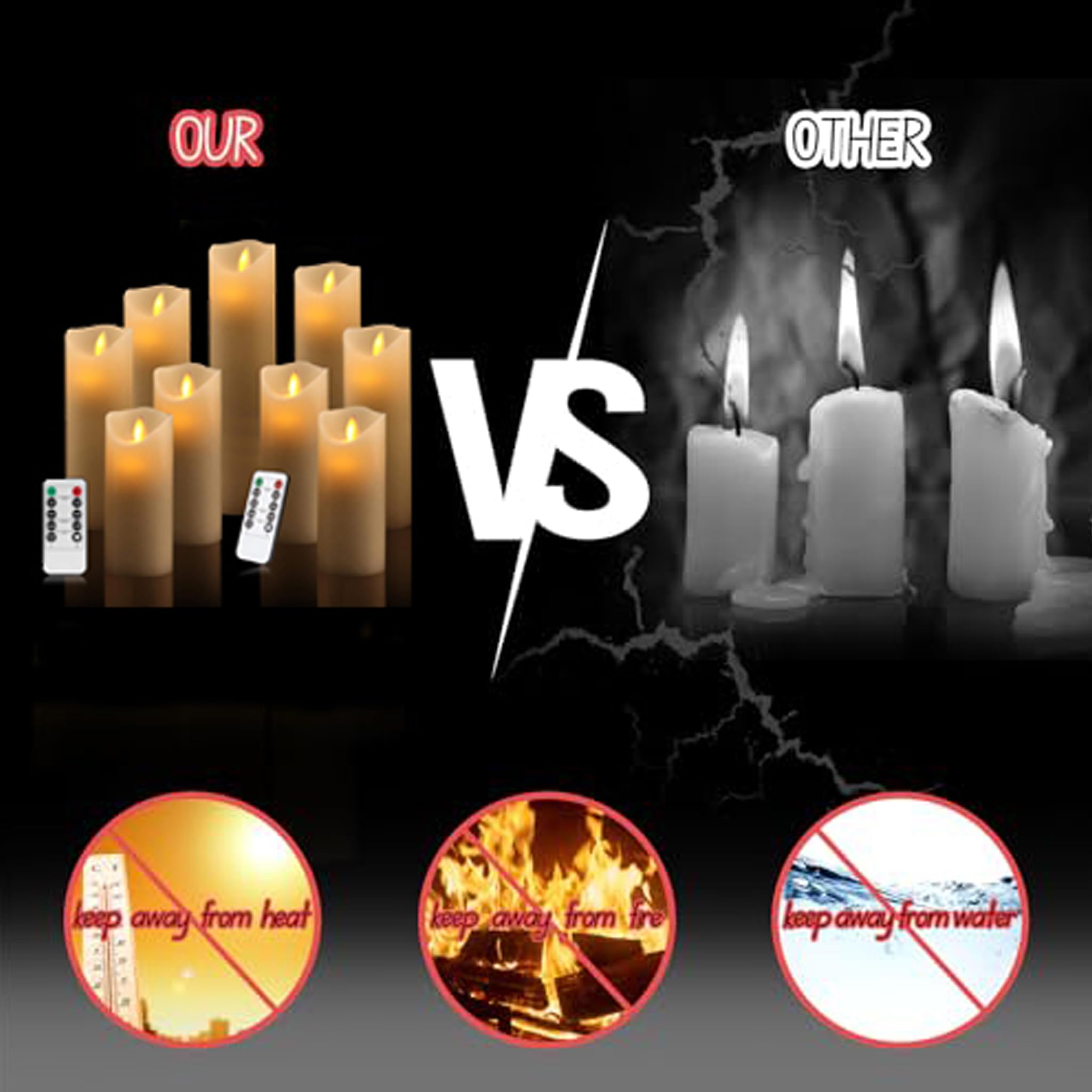 VETOUR Candele elettriche a LED senza fiamma: 9 candele elettriche a batteria H5 "6 "7" 8 "9" D2.2 "Candele elettriche tremolanti in vera cera con telecomandi e timer per Chris Halloween Decor