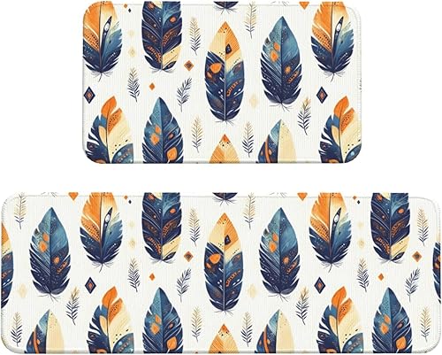 Antifatigue Kitchen Mats for Floor 2 Piece - Retro Colored Feathers Print Kitchen Rugs Non Slip Washable, Runner Rug Standing Mat for