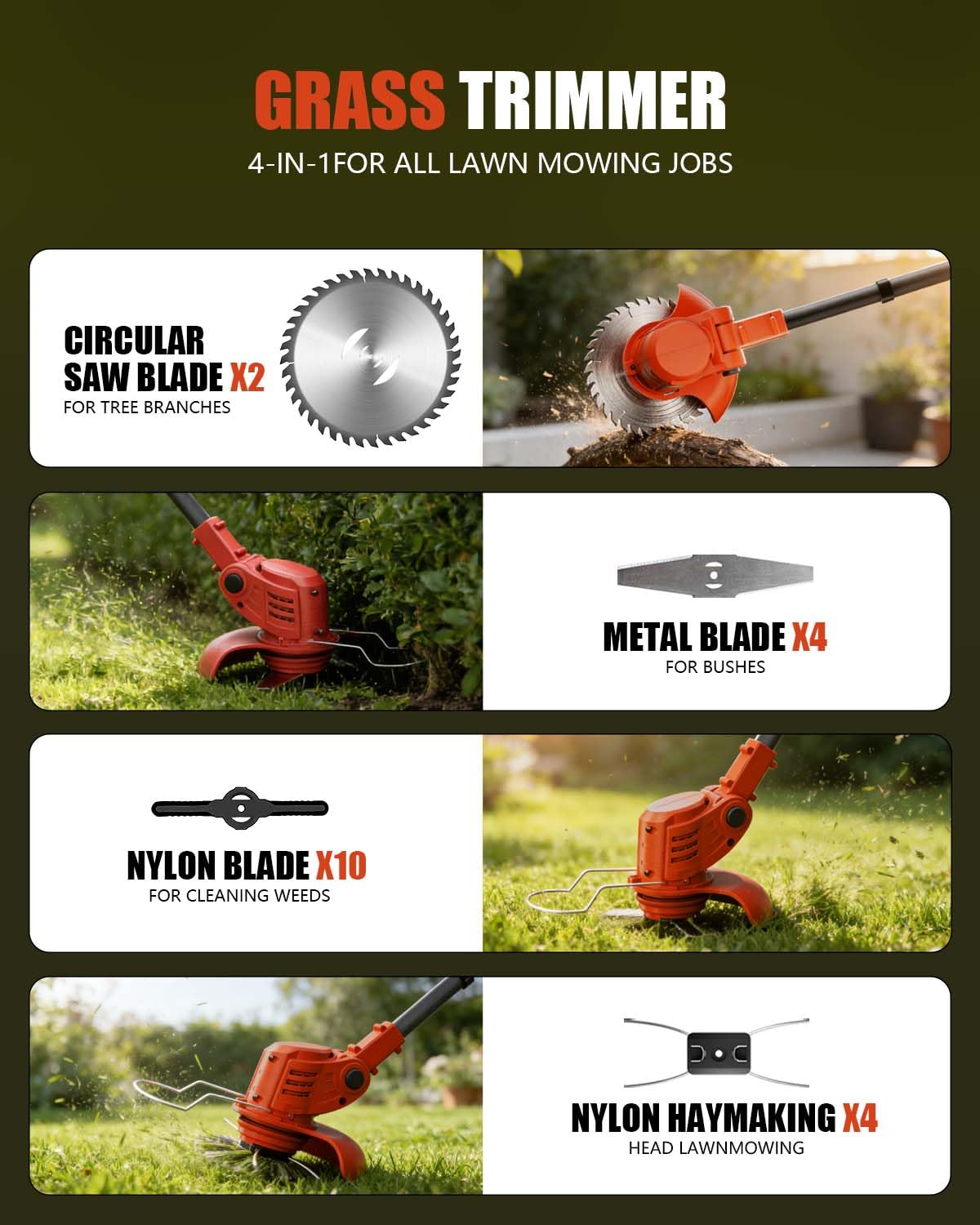 Débroussailleuse Electrique sans Fil, 850W Débroussailleuse Batterie Brushless, avec 2 Batteries 4.0Ah et 4 Lames, Coupe Bordure sans Fil avec Batterie pour tondre Le Jardin et la pelouse (Rouge)