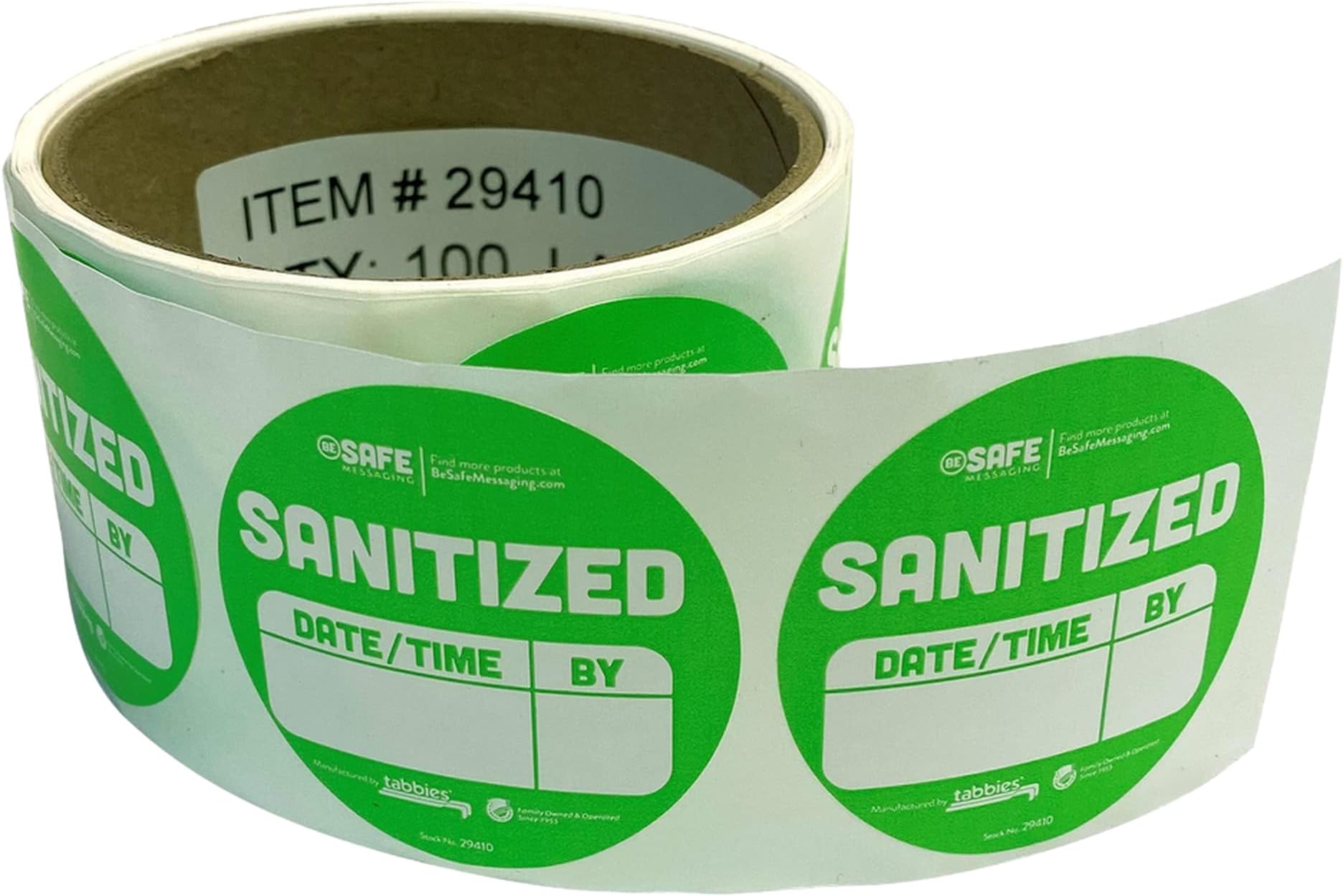BeSafe Messaging "SANITIZED Date/TIME by" Fl Green Removable, Writable 2" Round Labels, 100 Sanitized Stickers per Roll