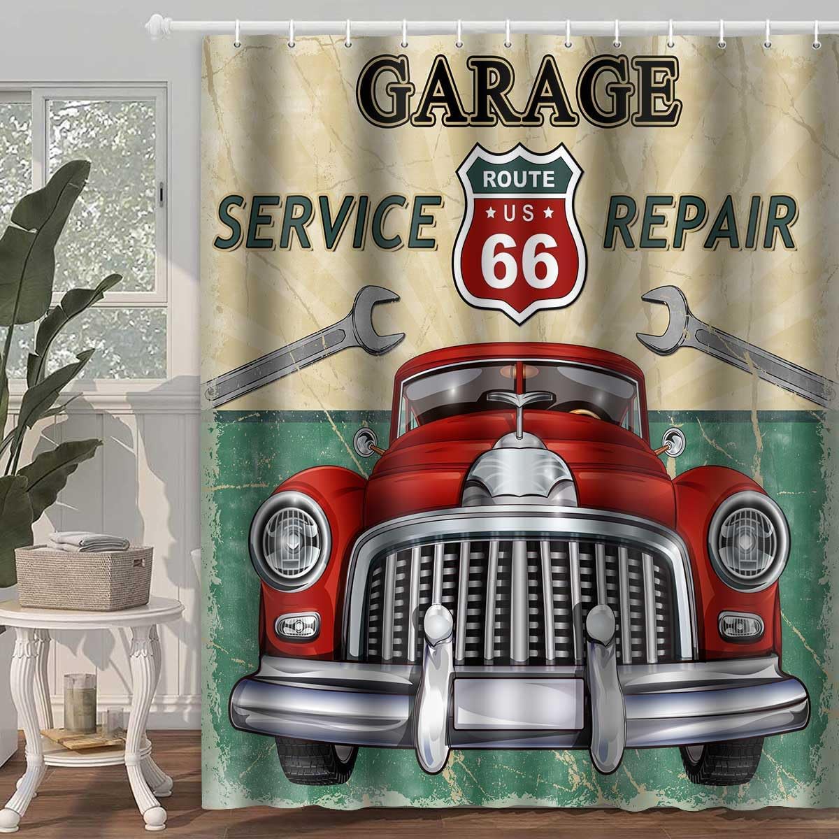 Cars Shower Curtain, 72x72 inch Polyester, Vintage Car Stall Route 66 Bathroom Shower Curtains, Retro Garage Repair Shop Bathroom Bathtubs Decor Set with 12 Hooks YLOKTP0236