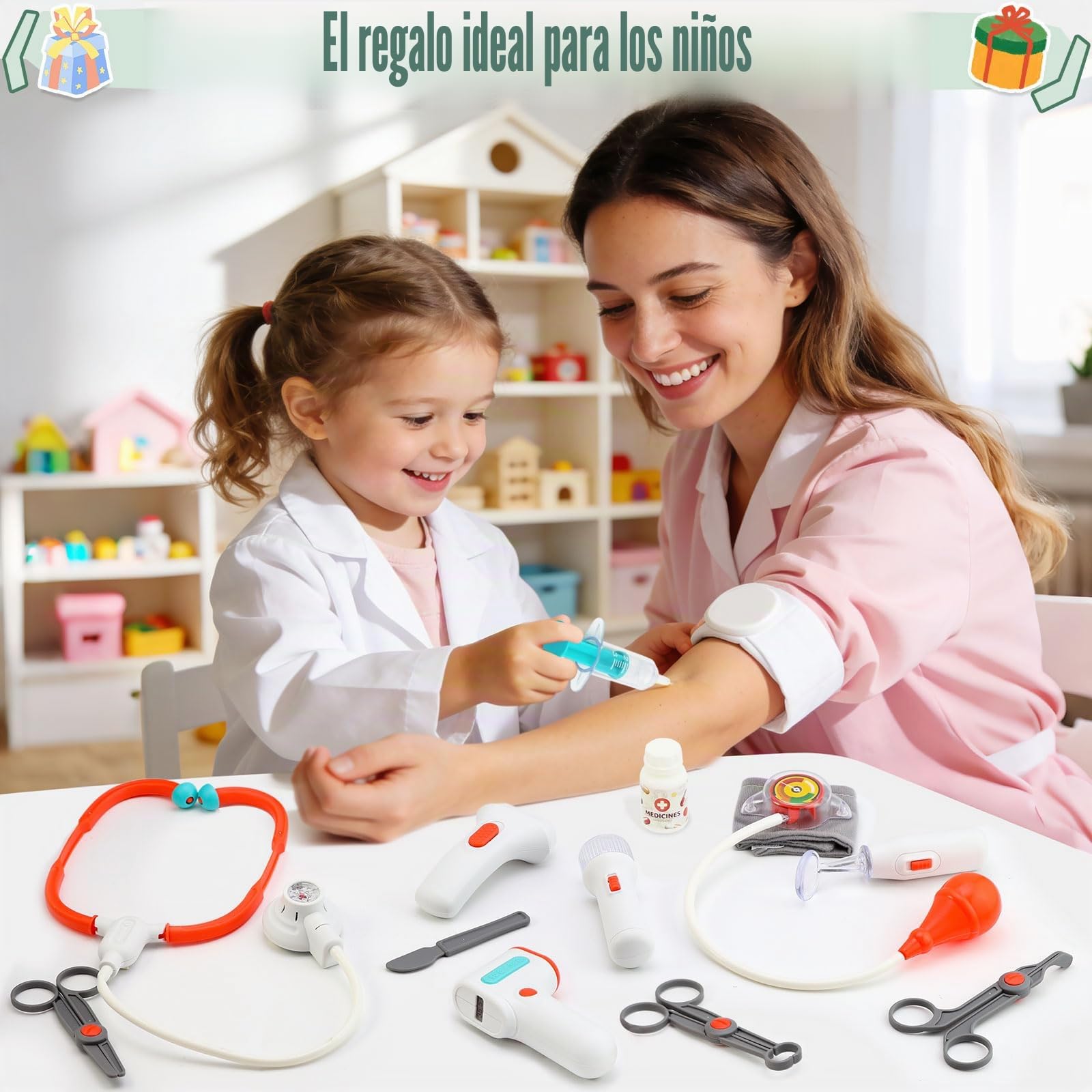 VBACALA Maletin Medico Juguete para Niños,17 Piezas Set Medico Infantil con Estetoscopio de Juguete,Jeringa,Termómetro, Juegos de rol de Dentista,Regalo Kit de Médico para Niñas y Niños 3+ Años