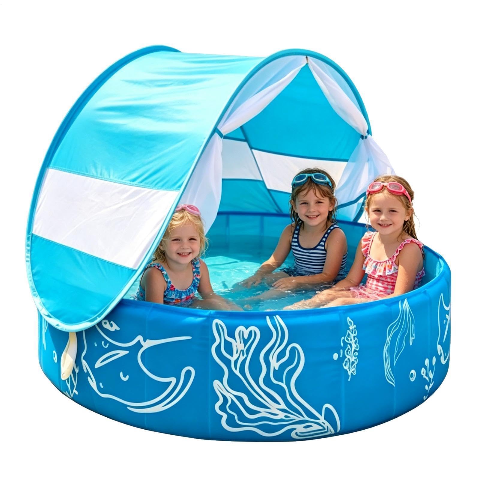 Kids Pools For Backyard - 120x30cm Large Size, Protective Net Canopy, Foldable Sunshade Non Inflatable Design, Portable Outdoor Childrens Swimming Frame, Beach Travel Water Toy | Garden Patio