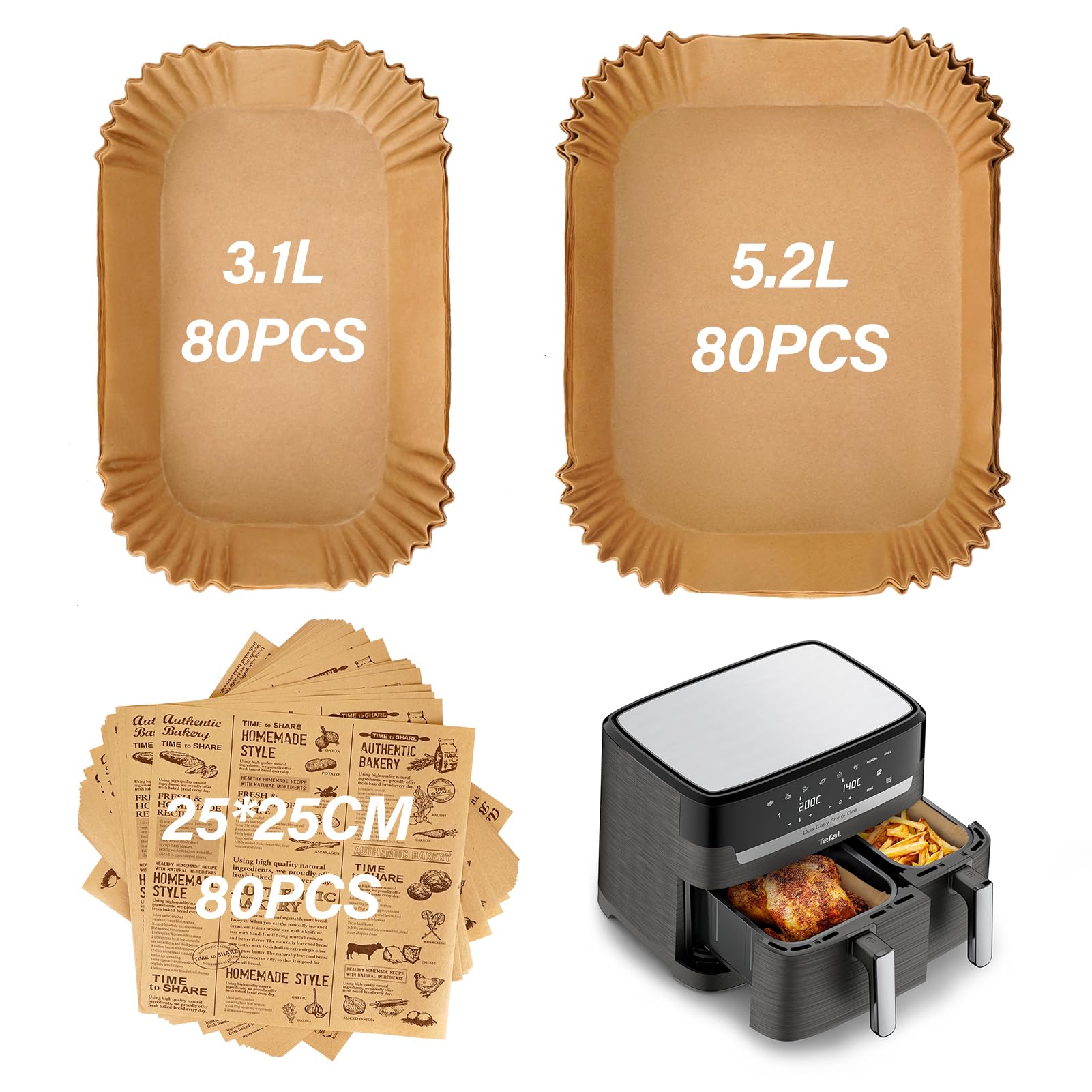 Papel para hornear (240 unidades, papel para hornear, Tefal/Moulinex 8,3 L, Air Fryer Dual 5,3 L, 3,1 L, papel de aire Fryer Tefal EY9018/EY905D, 5,2 L, 3,1 L, papel para hornear Air Fryer